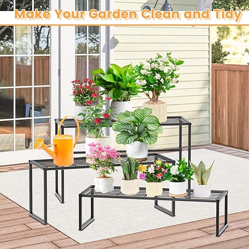 Miniatura 5 de Soporte de metal de 3 niveles para interiores y exteriores, soporte para macetas múltiples en maceta, estante para plantas, estantería de exhibición