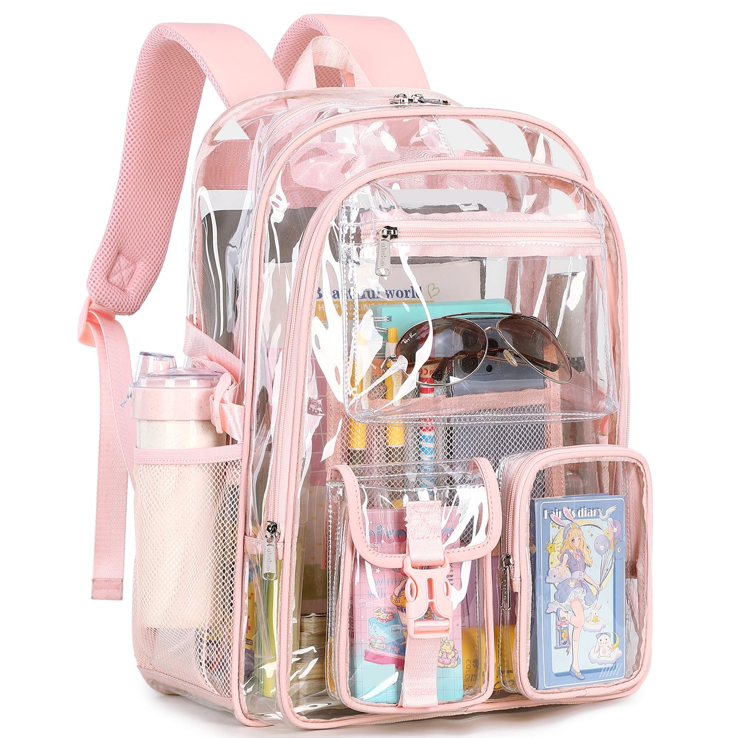 Large Heavy Duty Pink Clear Backpack for Girls Women School