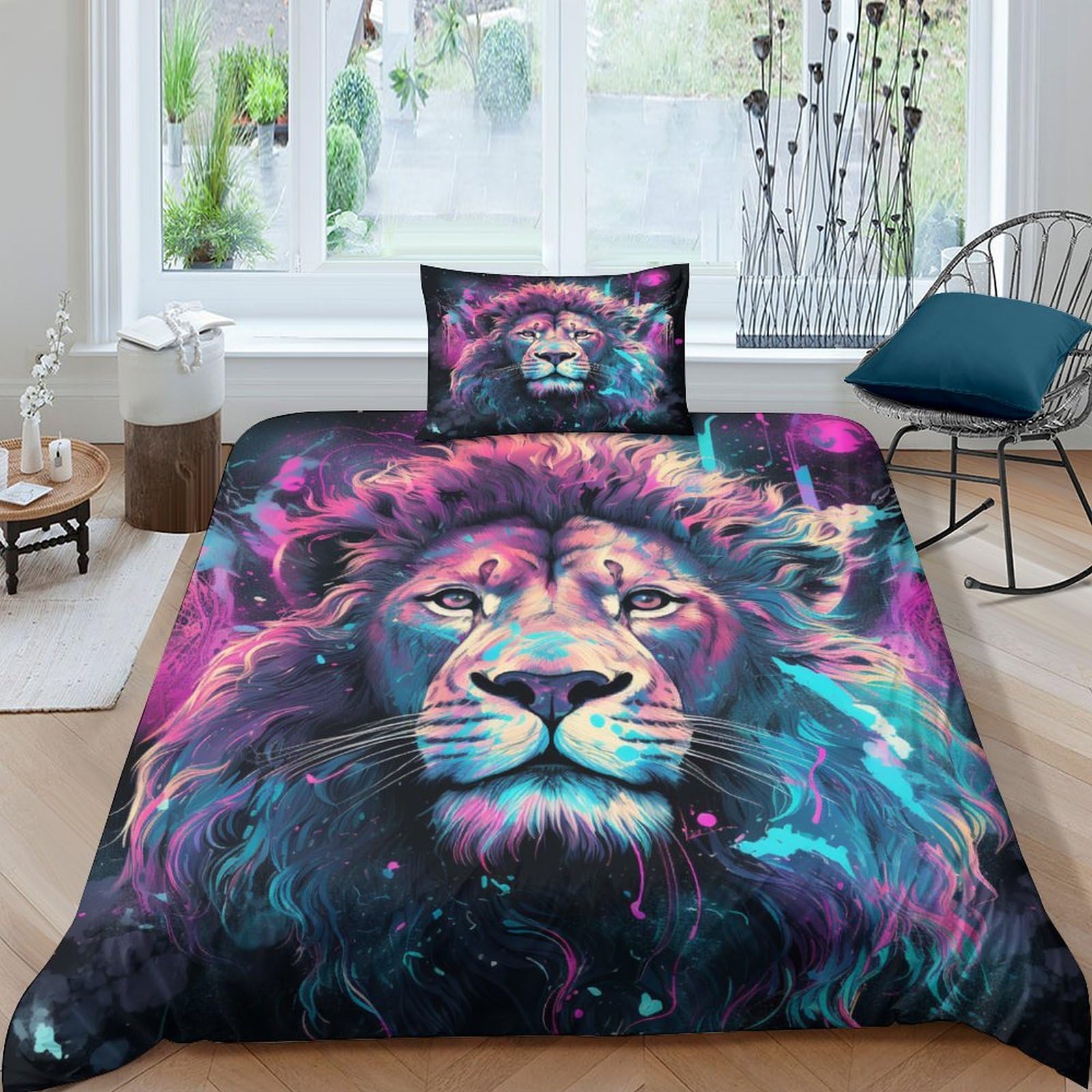 Parure de lit lion 3D aquarelle pour chambre d'enfant et adulte cocooning