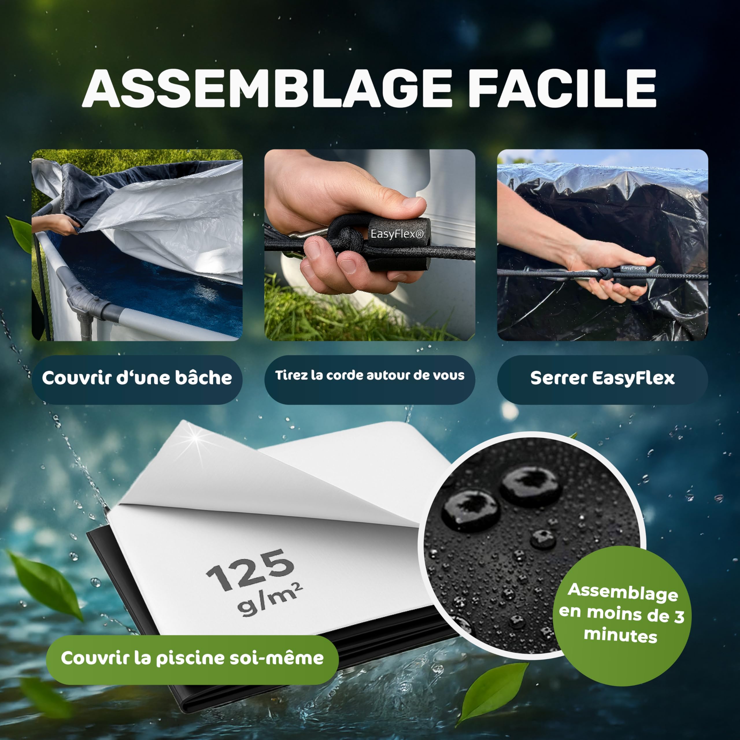 Bâche de Piscine en Film d'ensilage Premium 6x6m pour piscines Ø 420–520 cm | Fermeture EasyFlex®, Couverture opaque anti-algues, Bâche d'hiver & d'été, Résistante aux déchirures