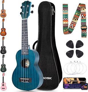 AODSK 23 Inch Concert Ukulele for Beginners, Black Sapele Uke with Gig Bag, Strap, Strings & Picks (Ocean Blue, Soprano)