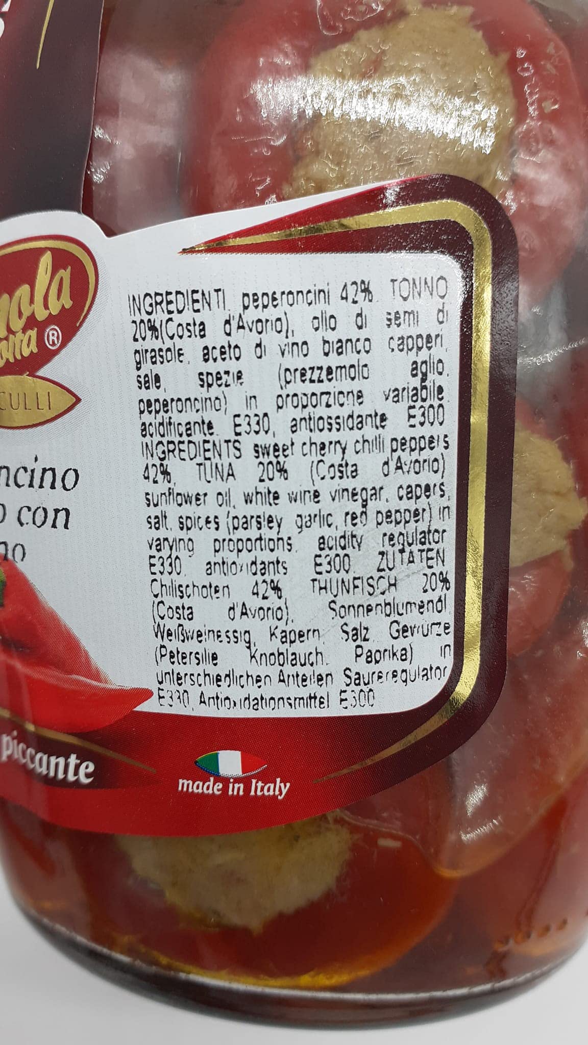 La Cerignola di una Volta - Hot Baby Peppers Stuffed with Tuna, (1)- 19.4 oz.
