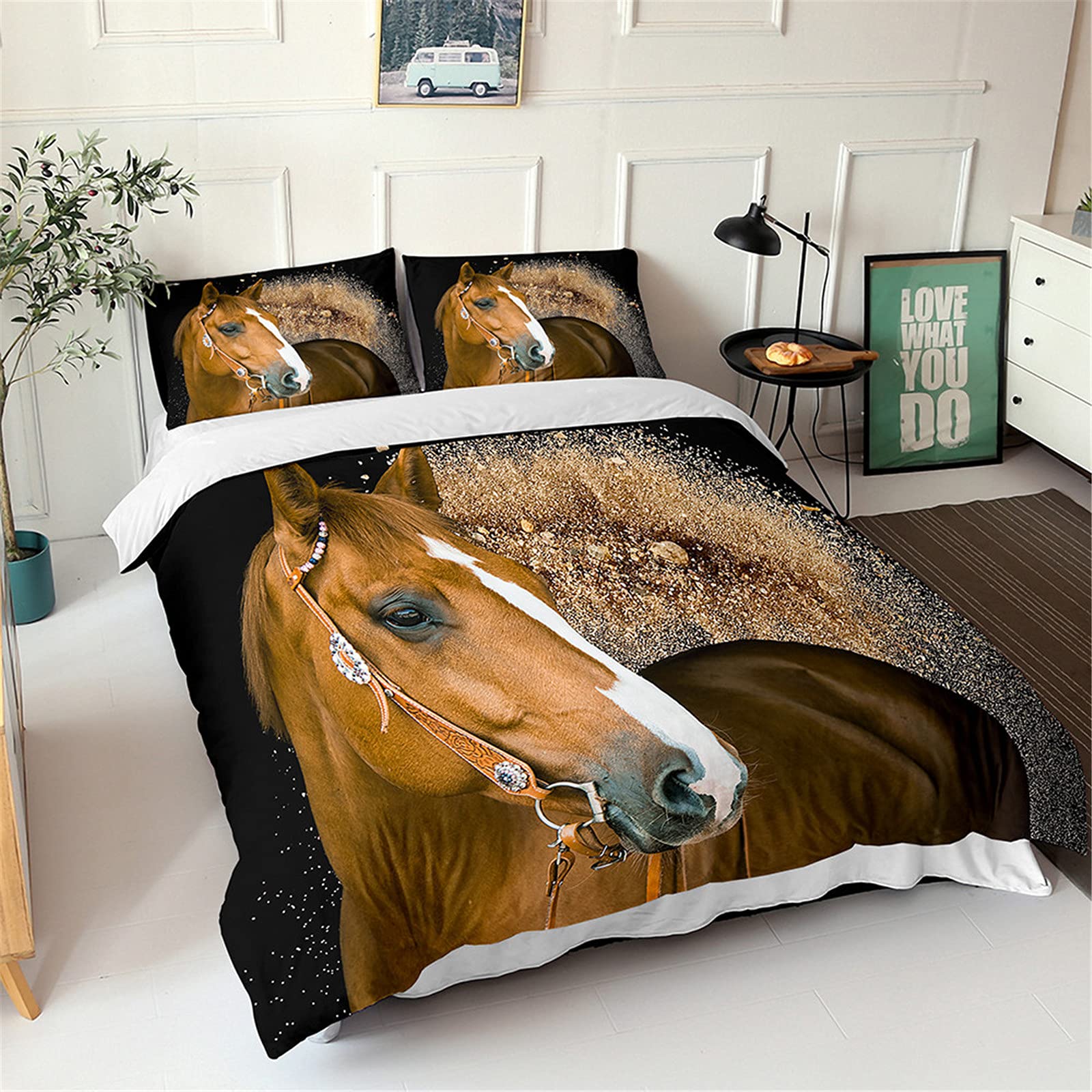 Parure de lit 3D cheval 200x200 cm avec housse de couette et taies d'oreiller