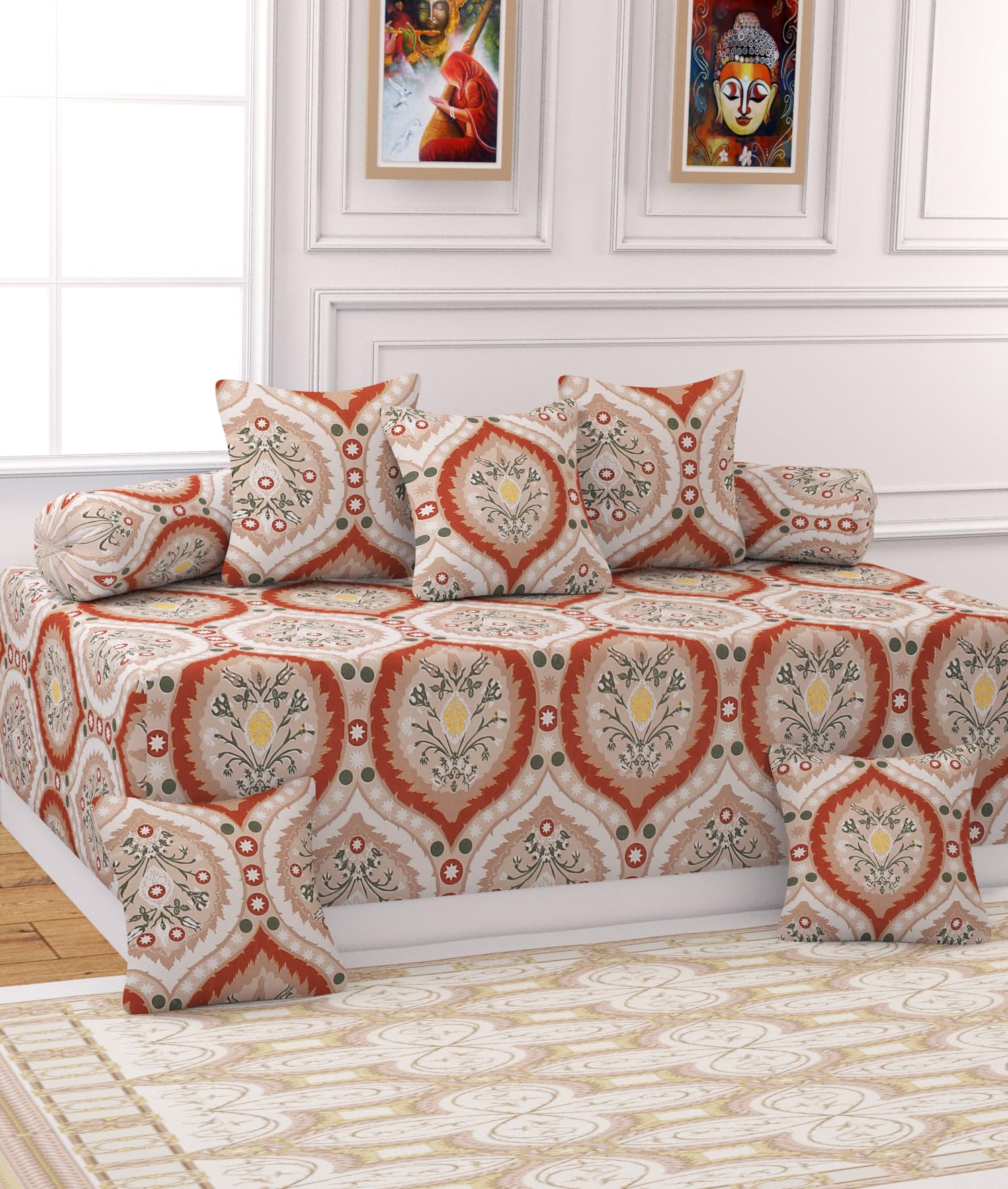 Nice Soft Touch 335 TC Glace Cotton Floral 8 Pcs Diwan Cover Set for Living Room/Bed Room, One Single Bedsheet, 2 Bolster Covers, 5 Cushion Covers with Zippers, Green Sparkle-picture-12