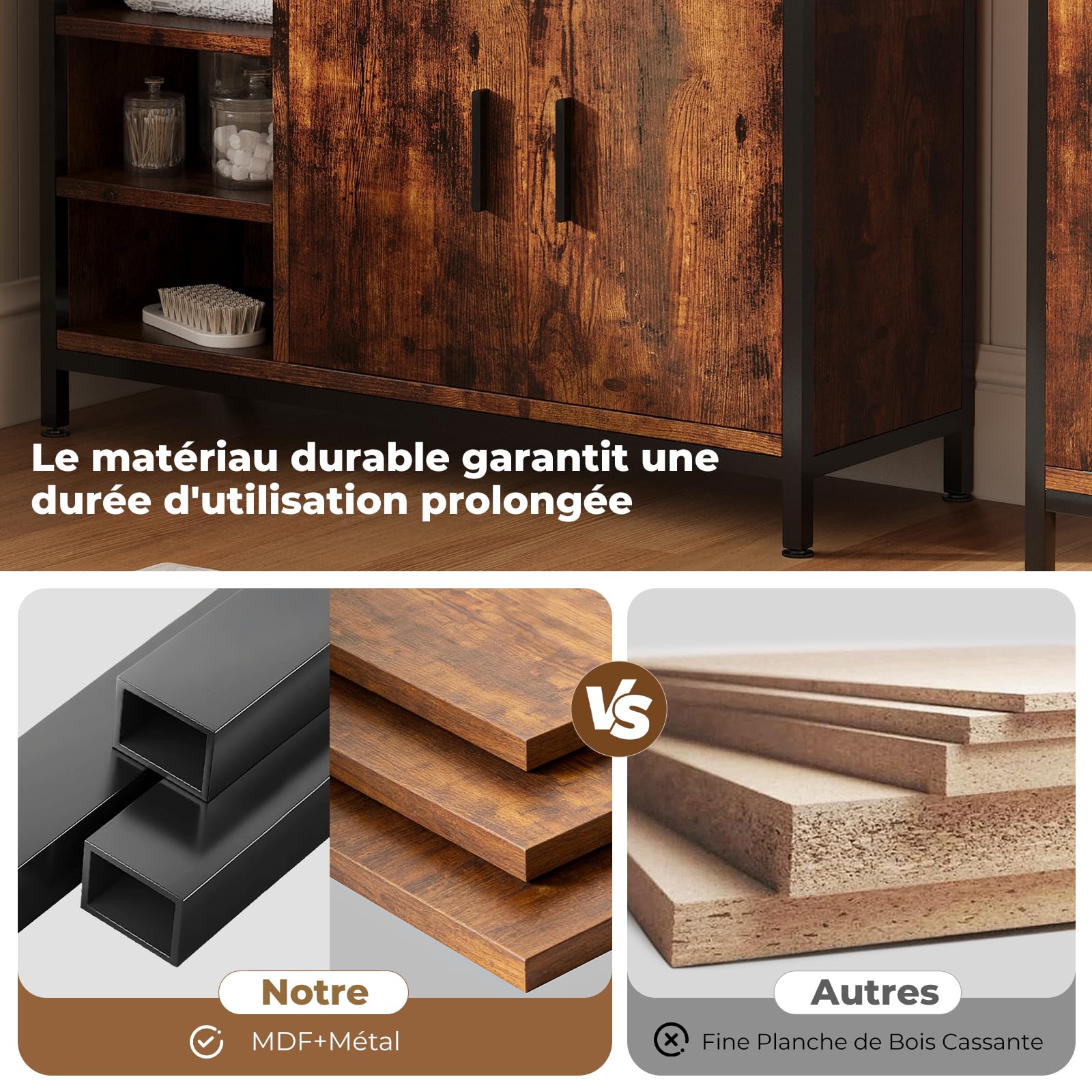 ELUCHANG Meuble Salle de Bain, Meuble sous Lavabo, Étagères Réglable, Compartiments Fermés,Meuble de Rangement, Meuble Vasque Salle de Bain,90x30x60cm, Vintage+Noir