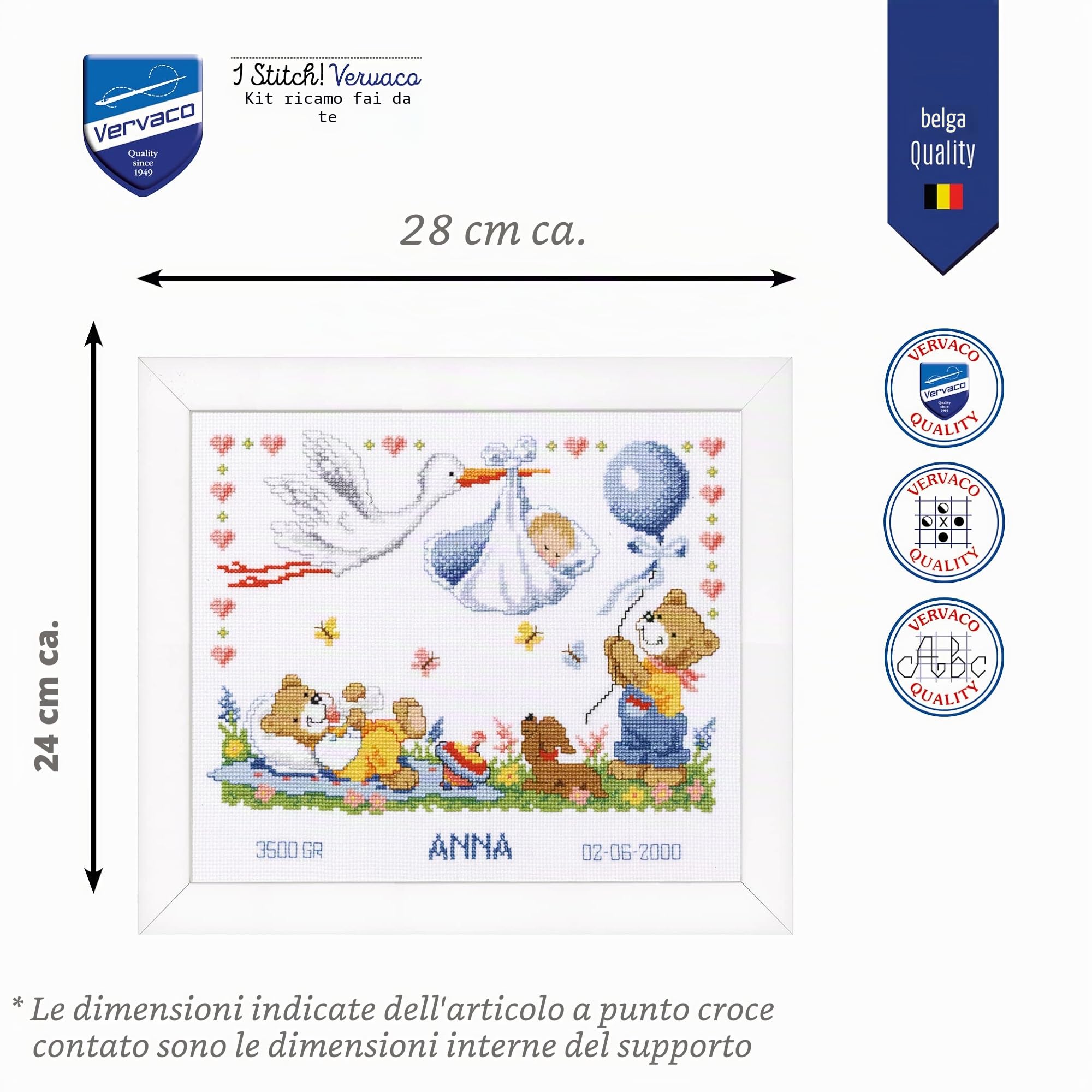 VERVACO Kit Punto Croce Contato LA Cicogna Porta Il Bambino Annuncio Nascita Punto Croce ca. 28 x 24 cm Regalo Personalizzato Set Fai da Te attività Creative Adulti Benvenuto Bambino Cross Stitch