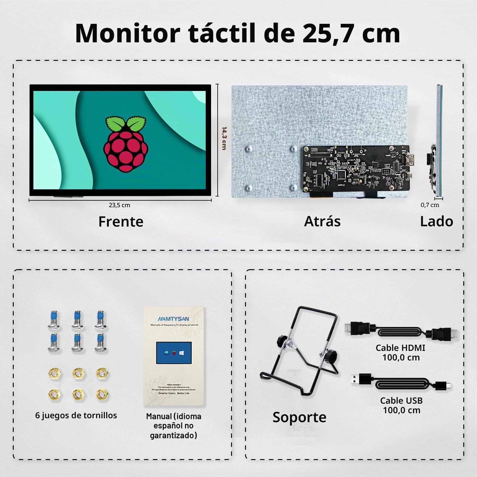 HAMTYSAN Monitor 10 Pulgadas Tactil,1024 x 600 HDMI Pantalla Tactil,Portátil IPS Touch Display para Raspberry Pi 4/3/2/Zero/B Win10/8/7 Switch/Xbox/PS4