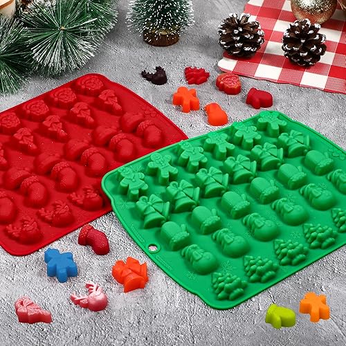 Miniatura 7 de Kamehame Moldes de caramelo de Navidad, 2 moldes de goma de Navidad de 30 cavidades, moldes de silicona para chocolate de Navidad, rojo y verde