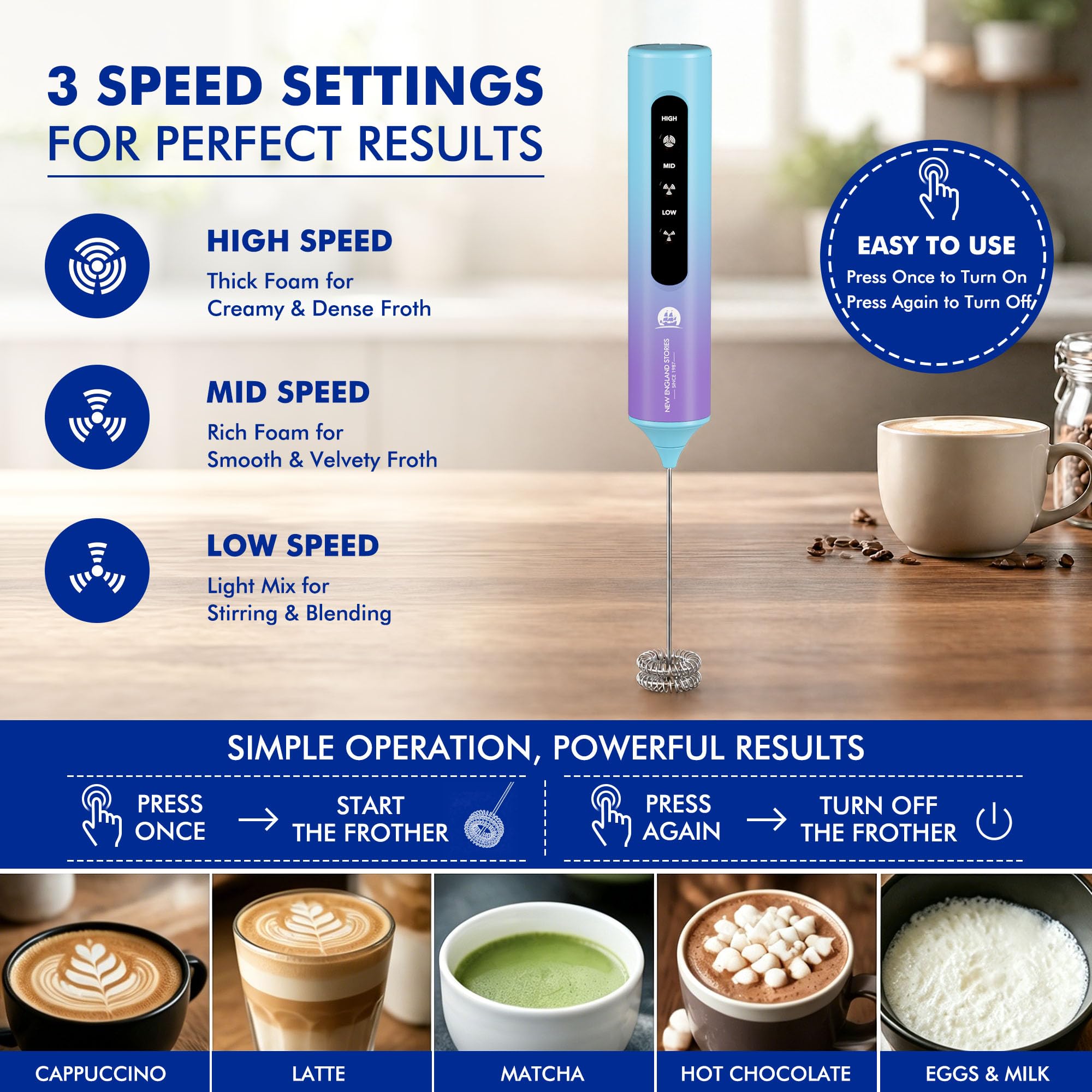 Mousseur à lait rechargeable avec support, 4 fouets interchangeables et étui de voyage – Mélangeur portatif pour lattés, matcha, chocolat chaud, œufs et boissons protéinées