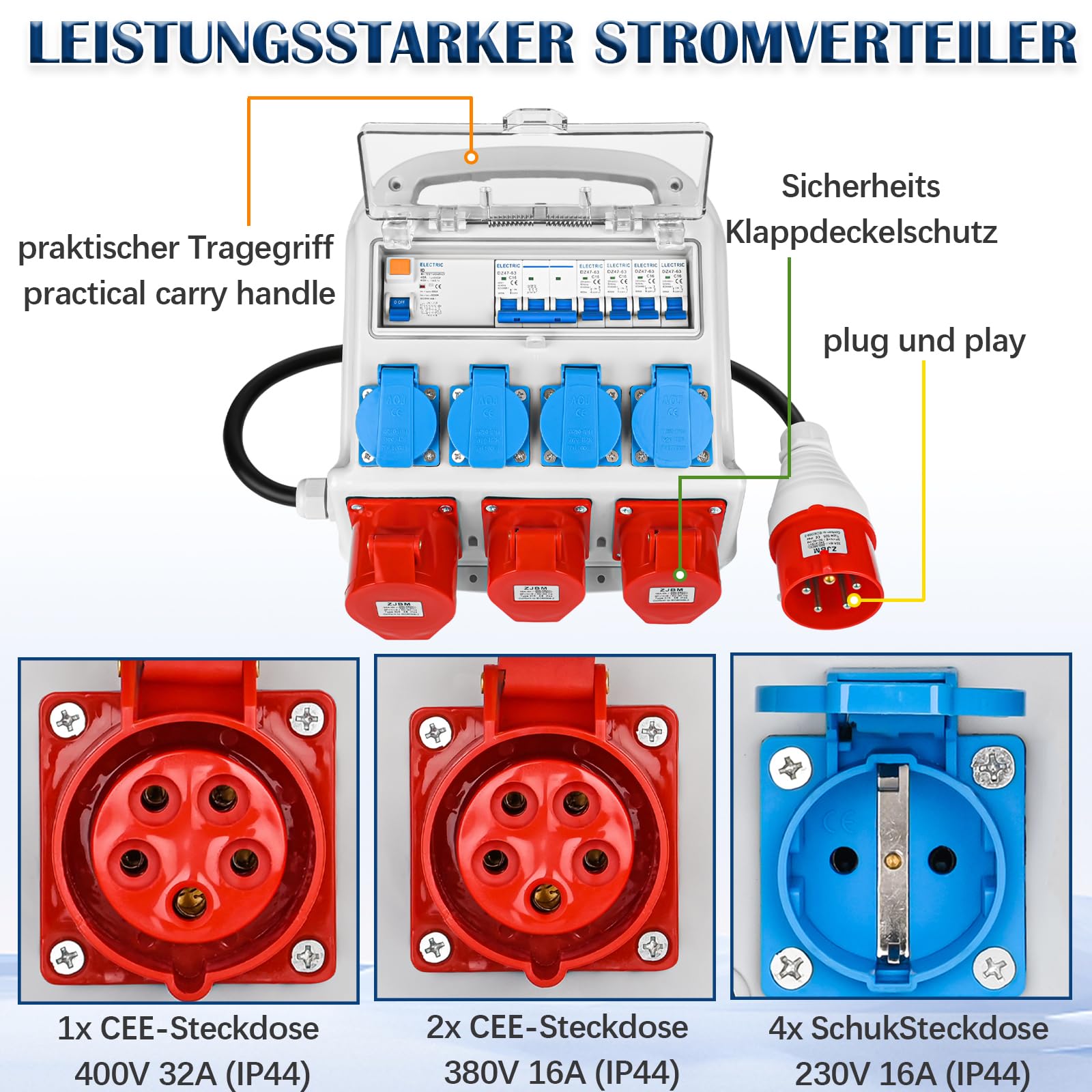 Warmfay Wandverteiler Vorverkabelt Stromverteiler, 4x 230V Schuko Steckdosen + 2x CEE 16A + 1x CEE 32A, Baustromverteiler mit FI-Schalter und LS Schalter, IP67 Wasserdicht Gehäuse für Innen und Außen