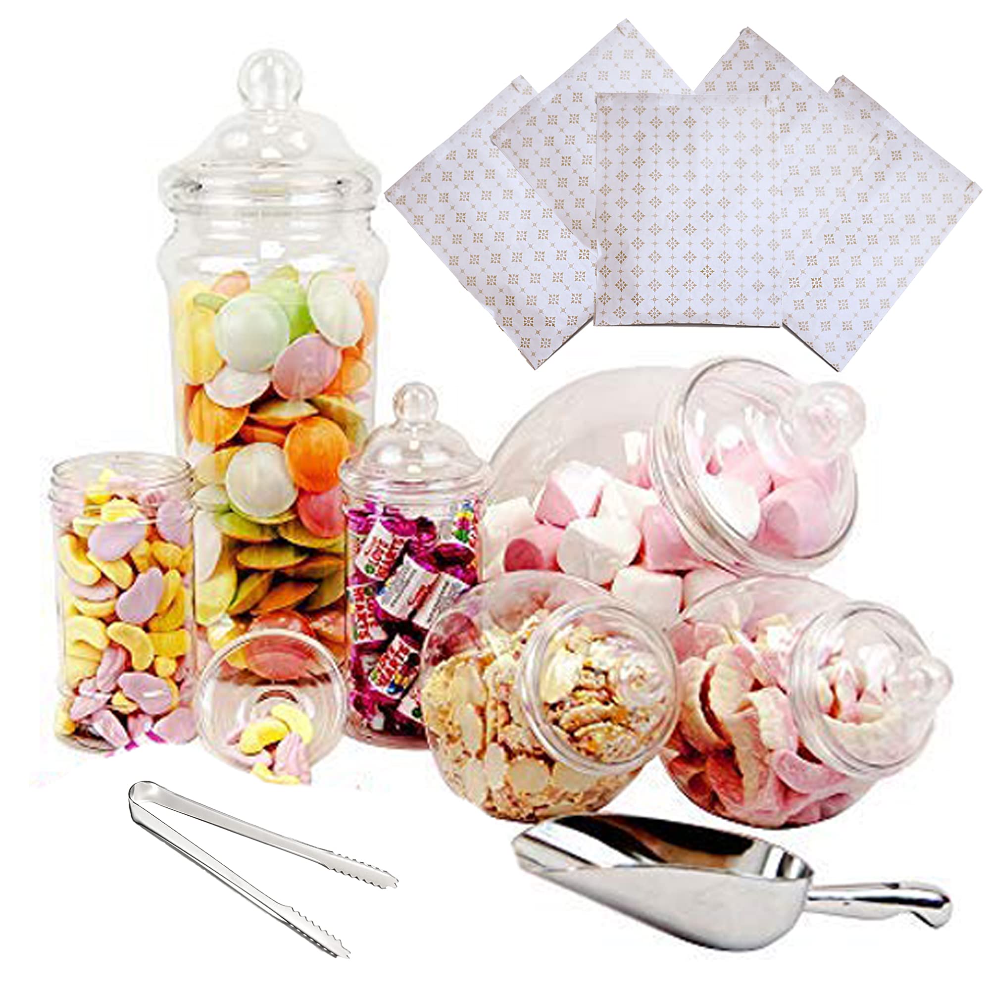 Purple Square Gold Stars 6 Jar Retro Pick & Mix Victorian Sweet Shop Candy Buffet Kit Party Pack With Scoop, Tongs & Bags