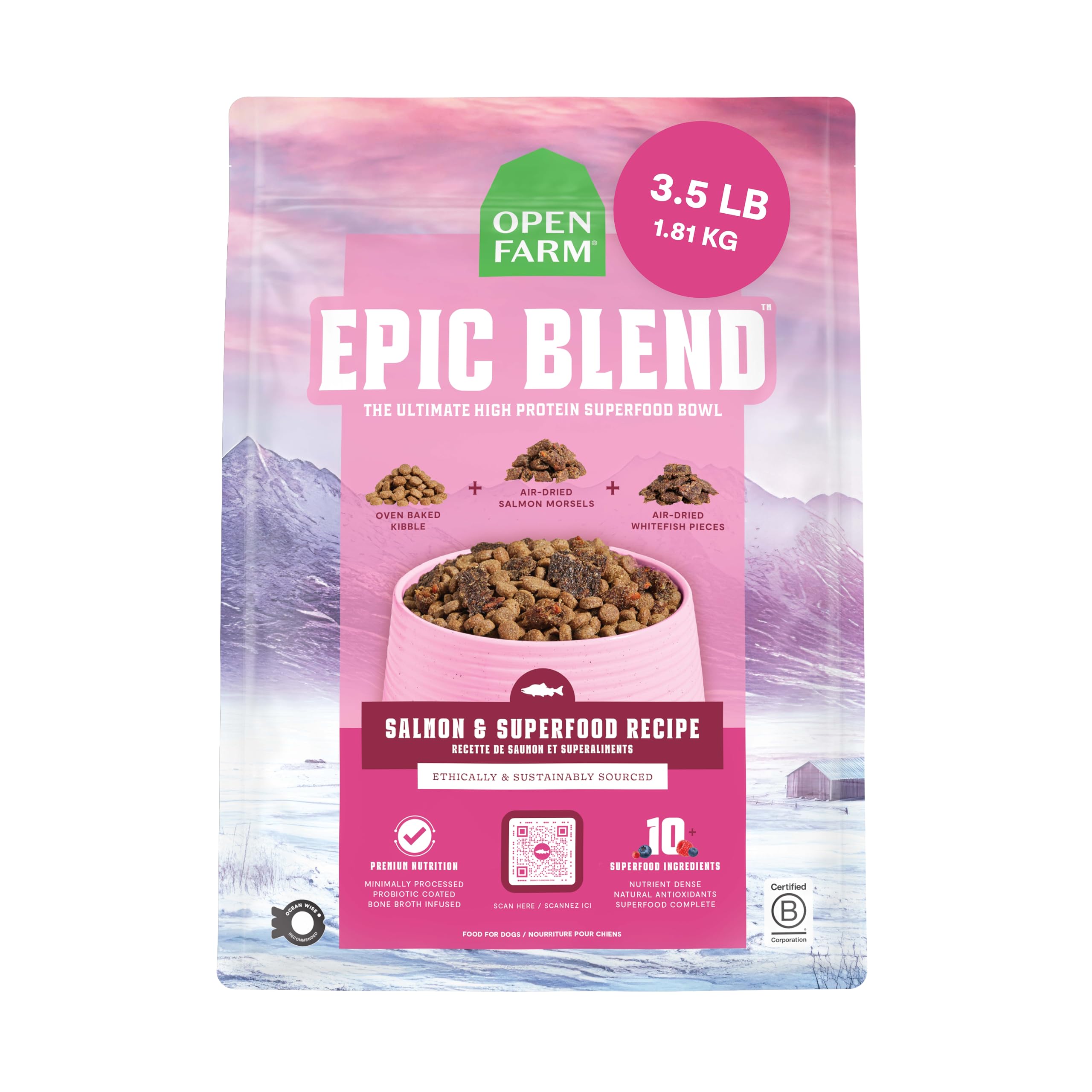 Open Farm, Epic Blend High Protein Dry Dog Food, Probiotic Coated & Bone Broth Infused Kibble with Air Dried Meat & Organs, Minimally Processed & Nutrient Dense, Salmon & Superfood Recipe, 3.5lb Bag