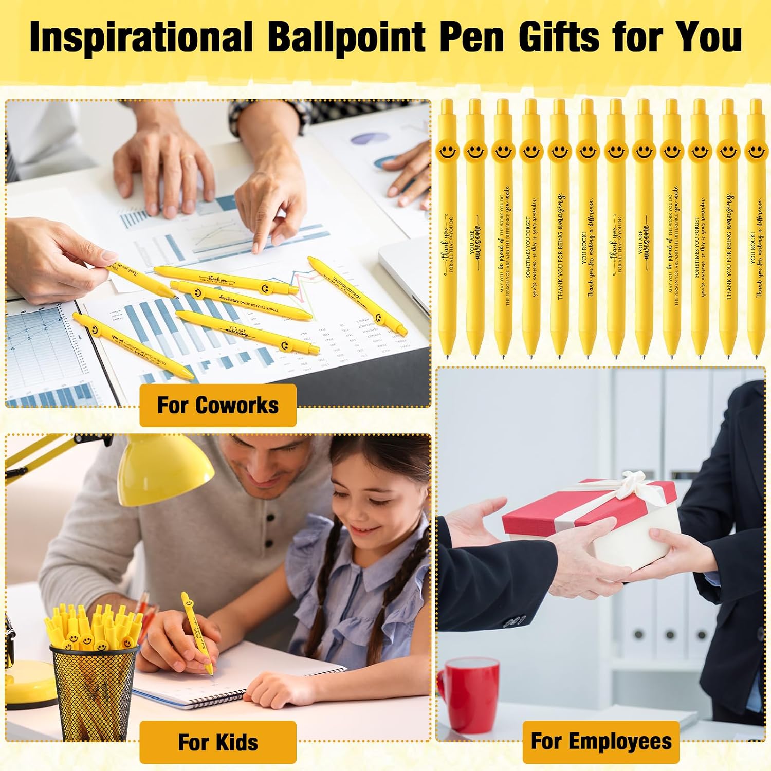 Fuutreo 100 Pcs Funny Pens Coworker Appreciation Gifts Inspirational Motivational Quotes Ballpoint Pens Smile Face for Coworker Employee Staff Team Office(Motivational)