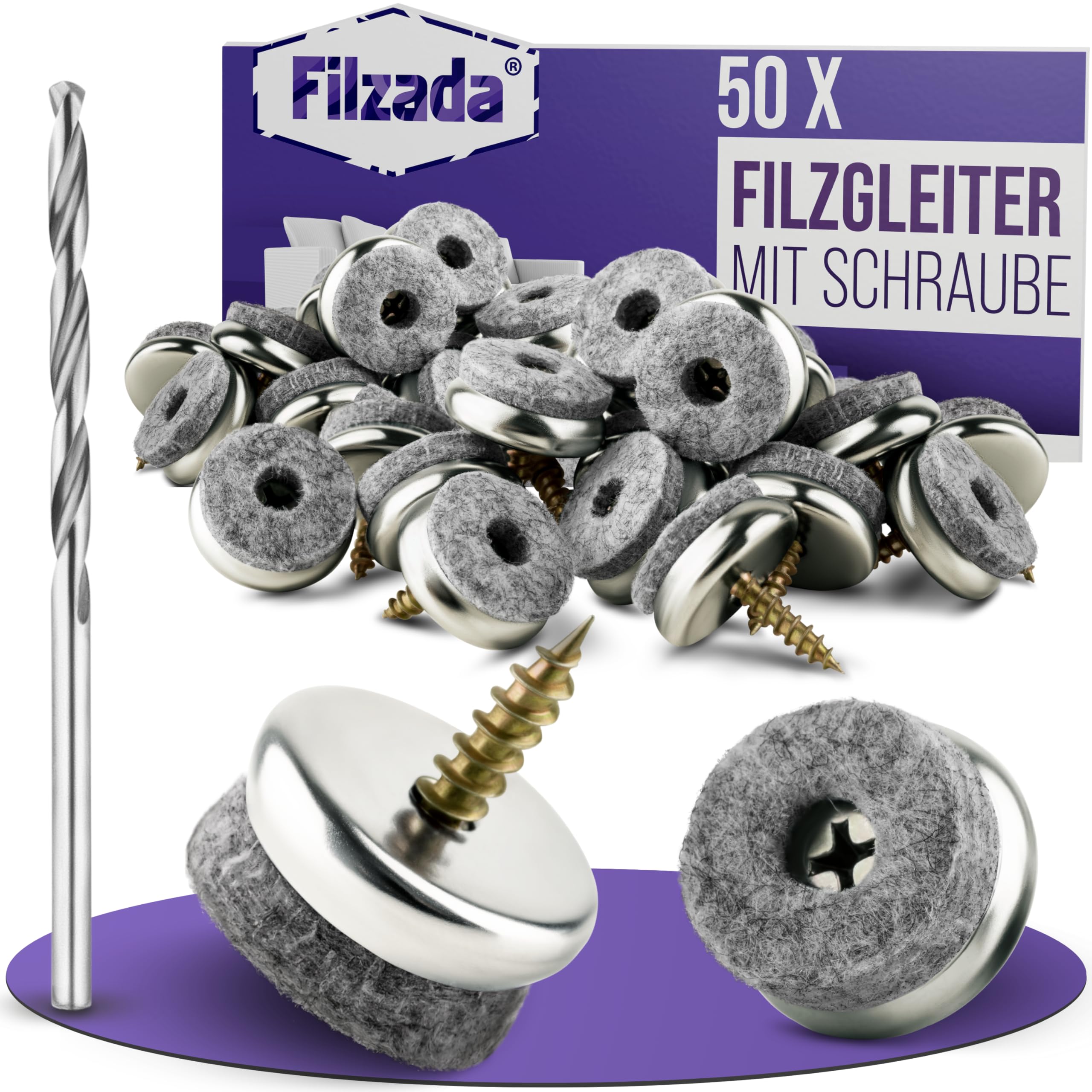 Filzada® 50x Filzgleiter Schrauben Ø 24 mm - hochwertige Möbelgleiter inkl. Bohrer - Stuhlbeinschoner - Stuhlgleiter - Filzgleiter für Stühle zum Schrauben