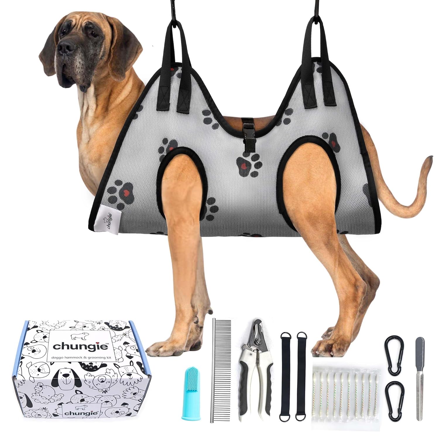 Dog Grooming Hammock for Dogs–Pet Restraint for Nail Trimming with Pet Nail Clipper–Dog Sling for Grooming, Pet Hammock for Nail Cutting & Grooming Harness (Legs Spacing: 16.14-27.14”/Max W:120lb)
