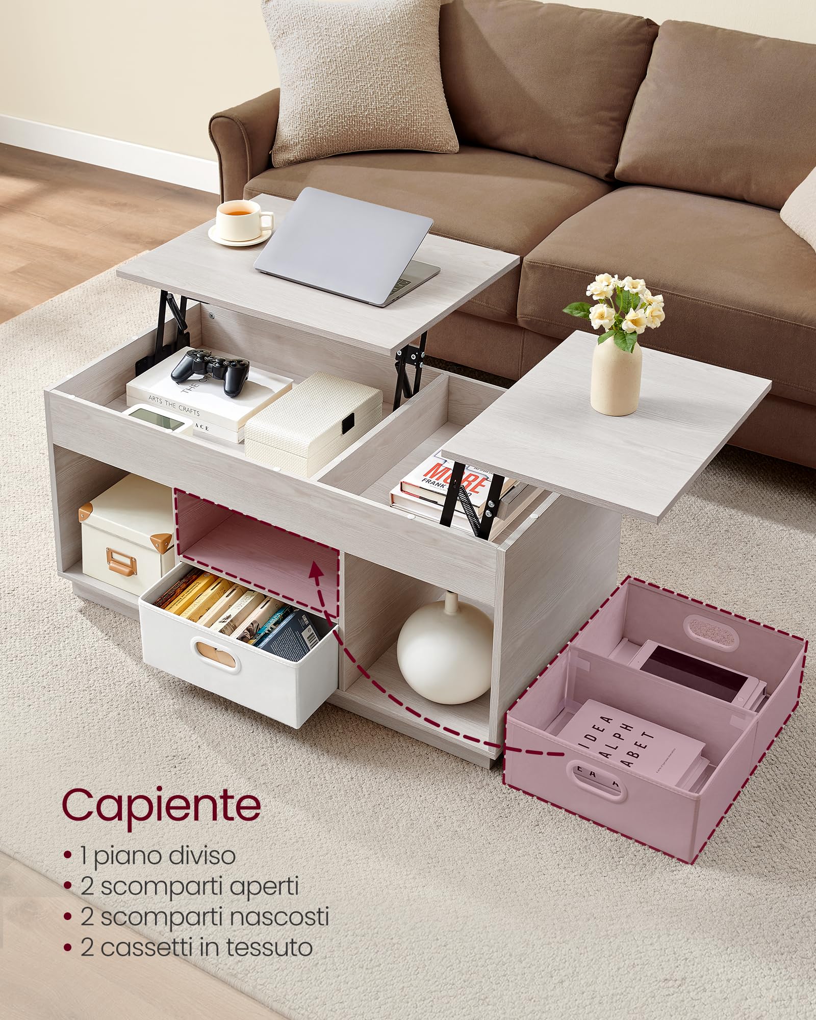 VASAGLE Tavolino da Salotto, Tavolino da Caffè con Piano Sollevabile, 2 Cassetti e Scomparti Nascosti, Scomparti Aperti, per Soggiorno Studio, Beige Avena LCT210K01
