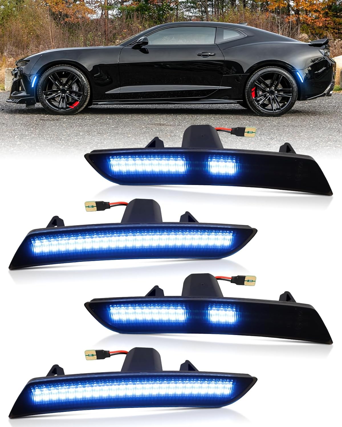 Dynamic Blue Side Marker Lights Fit for 2016-2024 Chevy Camaro ZL1/LS/LT/SS/RS/6th Gen, 2014-up Cadillac CTS, 2015-up Cadillac ATS, Front Rear LED Bumper Fender Marker Lamp, Smoked Lens 4PCS