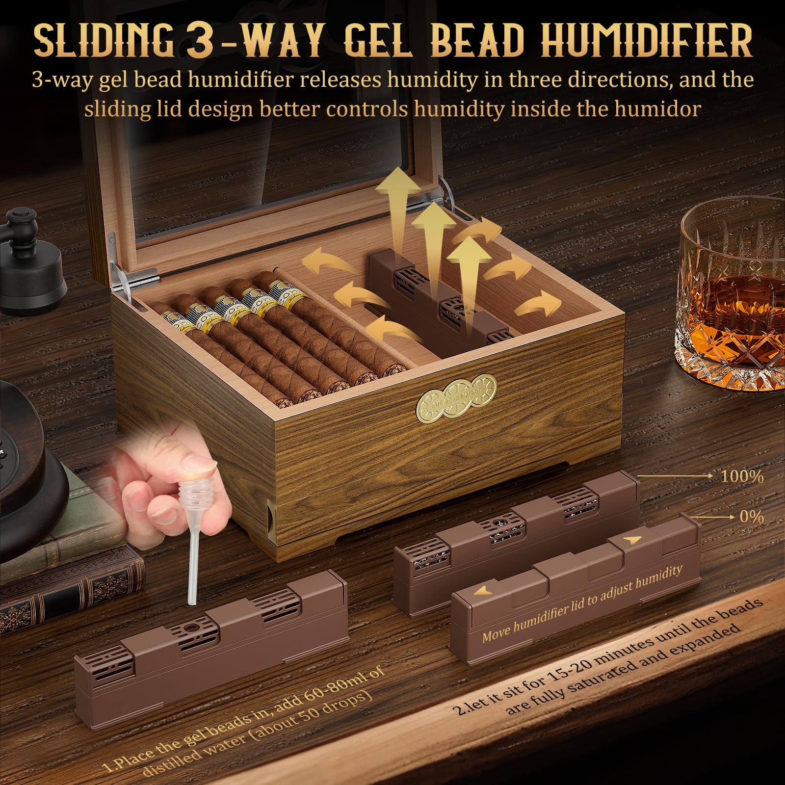 LIHTUN Zigarren Humidor, Glas Top Desktop Humidor Box, Zigarren Geschenke für Männer, Zedernholz Zigarrenkoffer mit Digital Hygrometer, Luftbefeuchter, Messskala und Zigarren Zubehör Schublade
