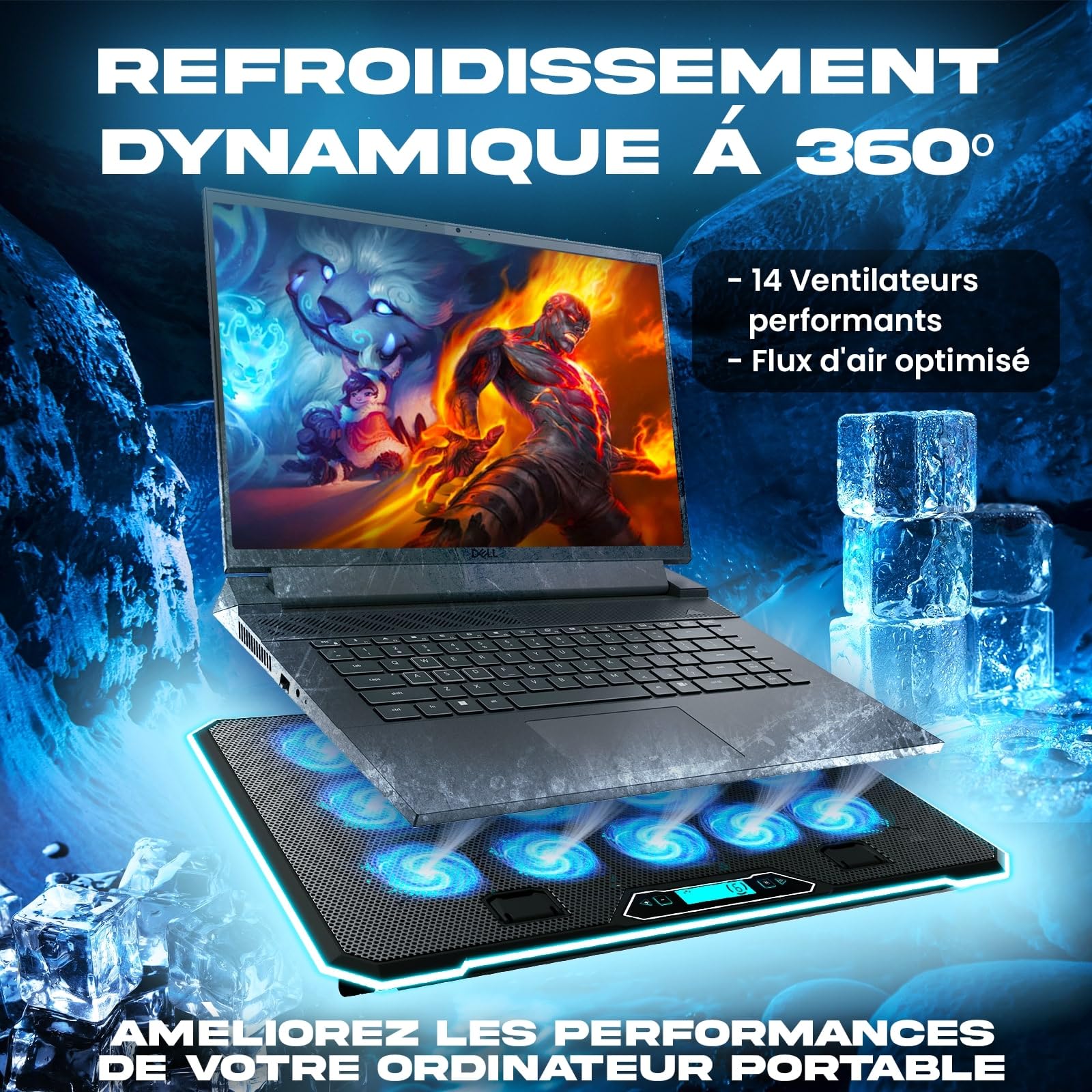 KLIM V14 Refroidisseur PC - Nouveauté - 14 Ventilateurs & Rétroéclairage RGB + Support PC Ventilé de 11" à 17" + 2 Ports USB + 5 Ans de Garantie