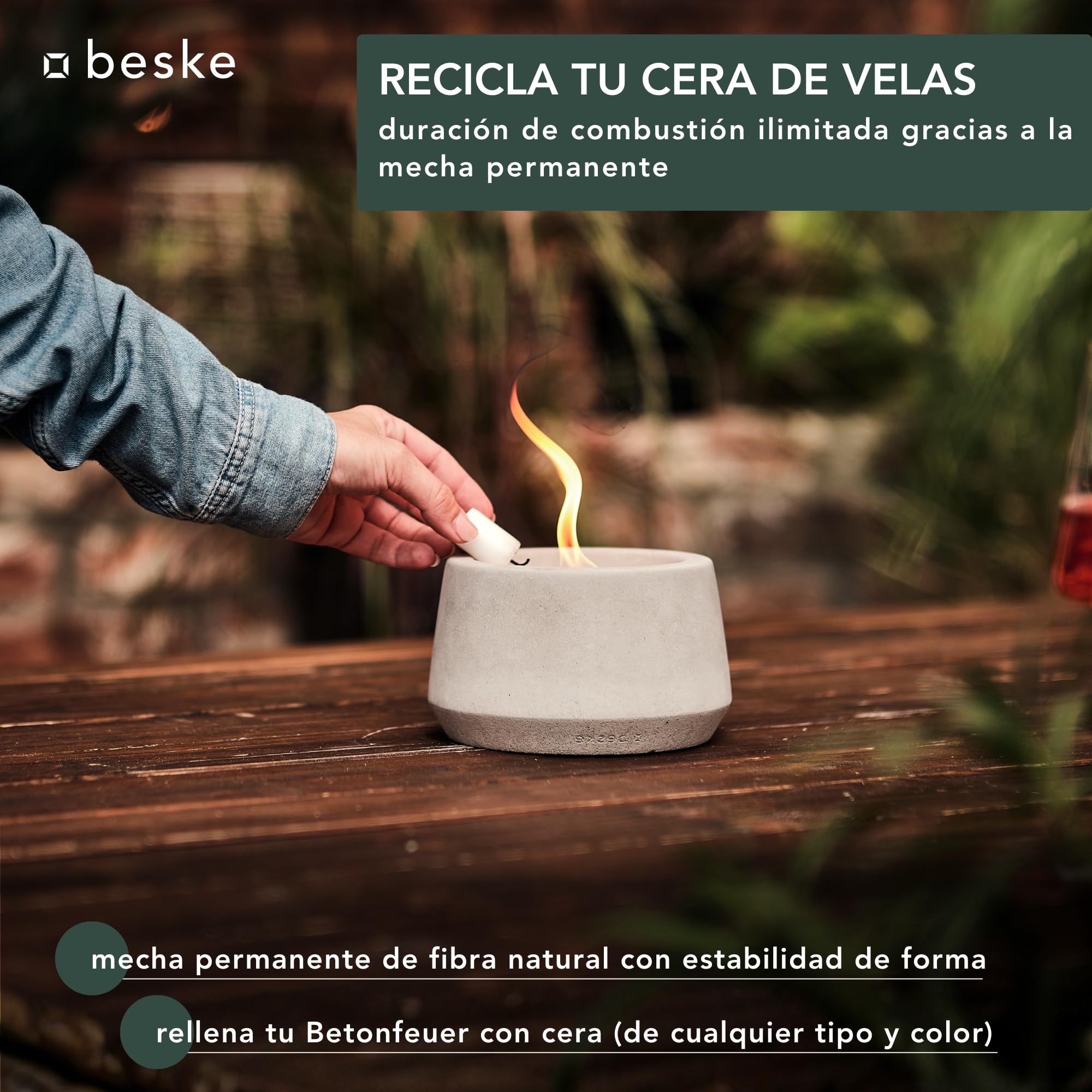 Antorcha decorativa de exterior en hormigón | Modelo Steller (⌀14 cm) | Sistema de mecha permanente, duración ilimitada | Para jardín y terraza | Hecho a mano en Alemania