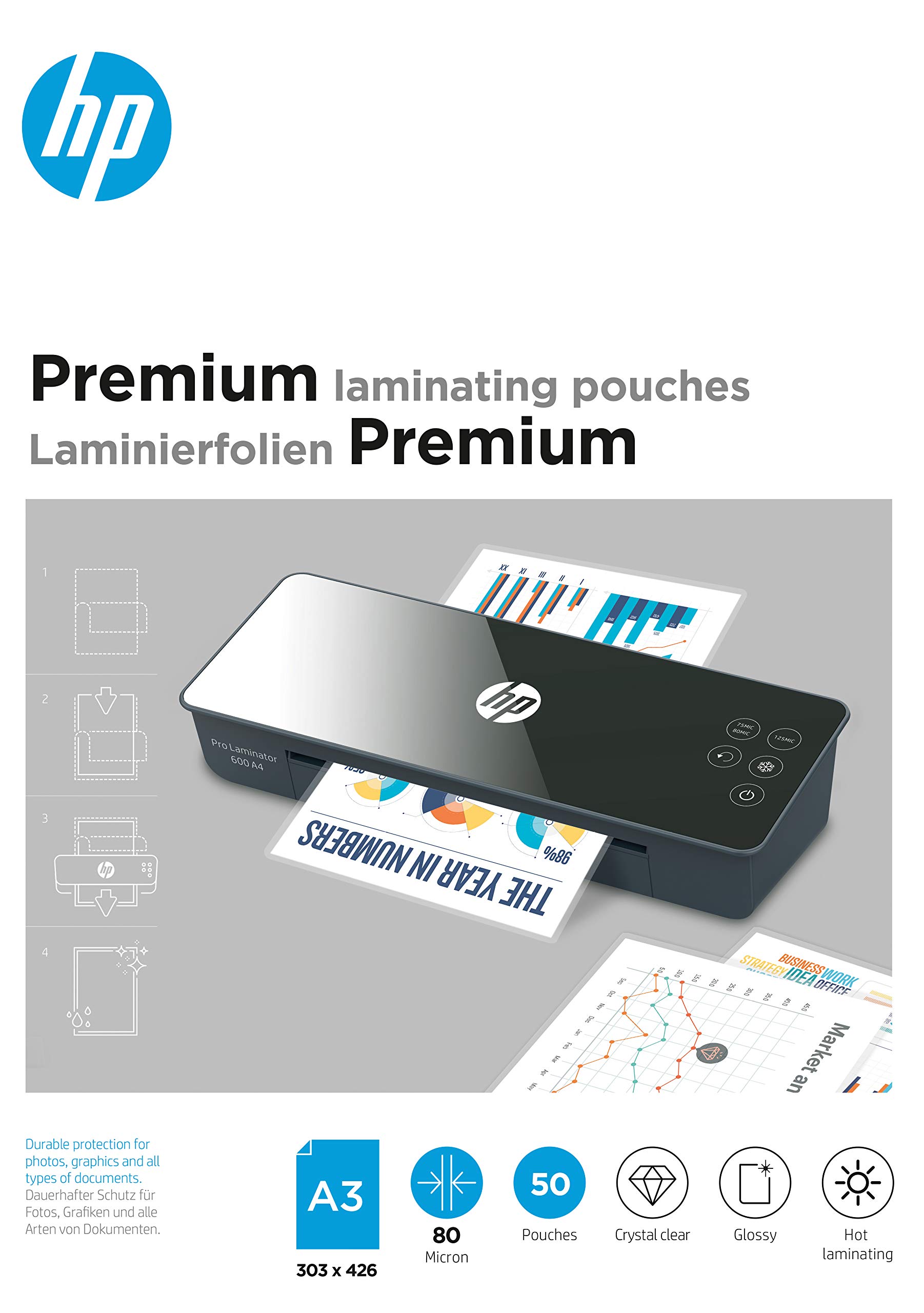 HP Premium Laminating Pouches, A3, 80 Micron, Pack of 50, transparent