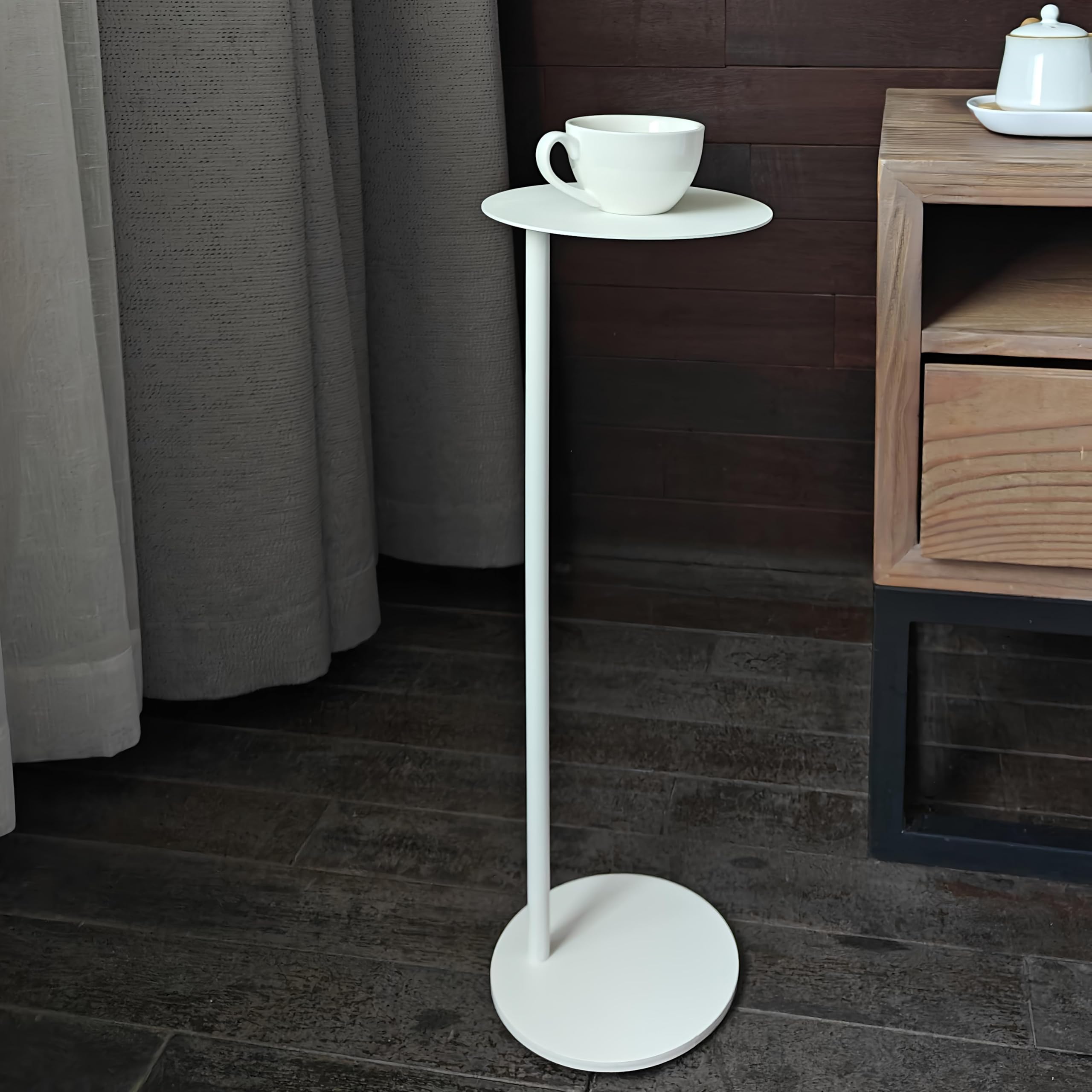 RhymiDot Premium Round Small Pedestal Side Table, C Shaped End Table, Mini Drink Table with Upgraded Weighted Metal Base, for Livingroom, Bedroom,