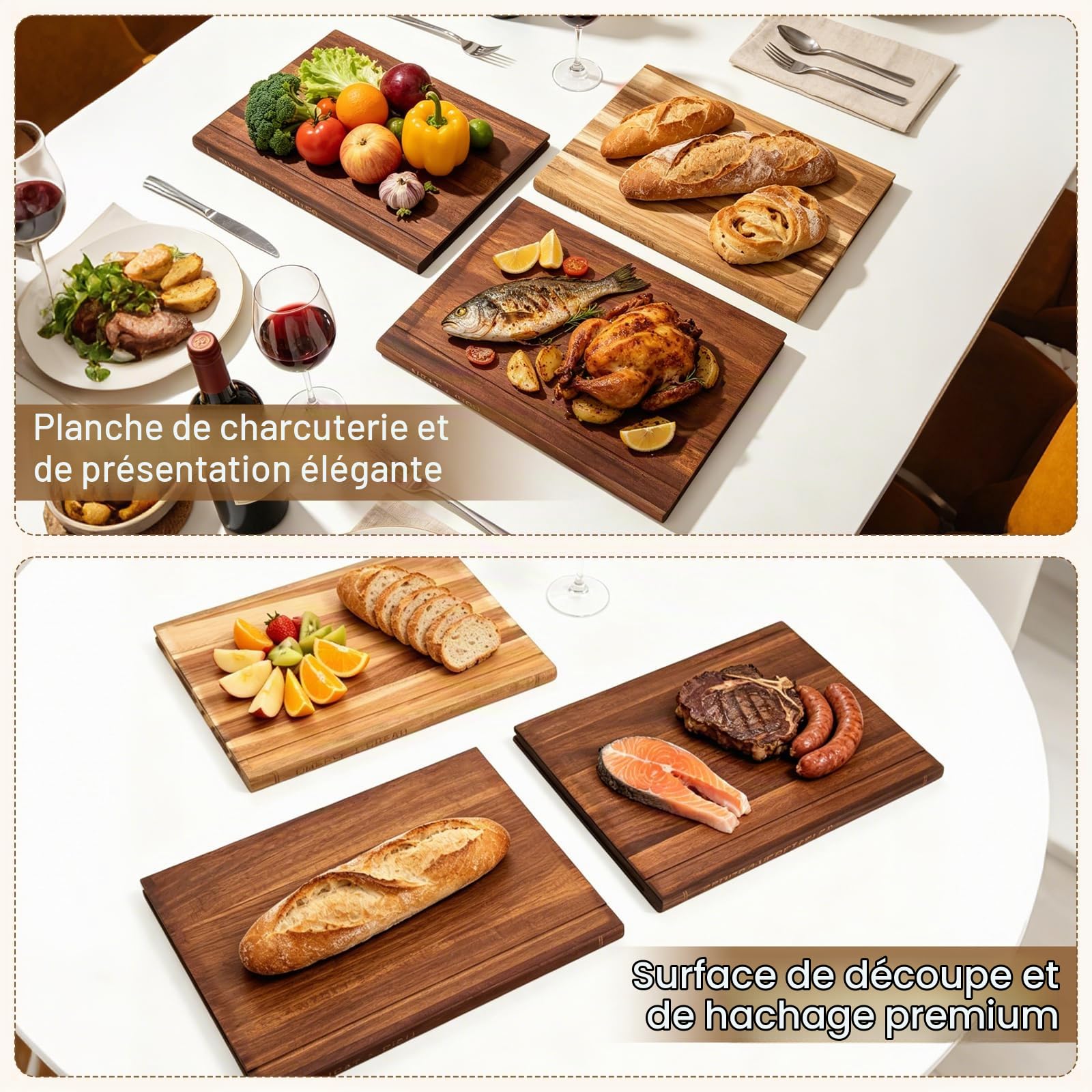 Ensemble Planches à Découper Façon Livre, 4pcs Planche Cuisine avec support | Planche à Découper en Bois avec Rigole à Jus Cutting Board Book Set pour Préparation Repas, aux Fruits et Viande