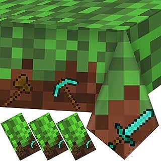 3Pcs Pixel Miner Tablecloth Video Game Table Cover Pixel Mining Themed Party Supplies Disposable Pixel Style Plastic Table Cover Tablecloth for Birthday Pixelated Video Game Party Supplies Decoration