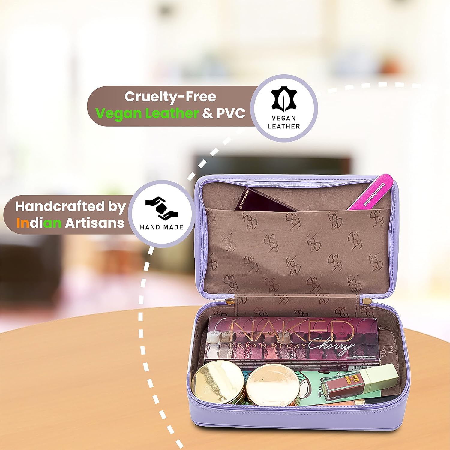 Women’s Vegan Leather Giza Double Layered Travel Pouch, Makeup and Toiletry Organizer, Multifunctional Storage with Dividers, Lilac, 1 Pc