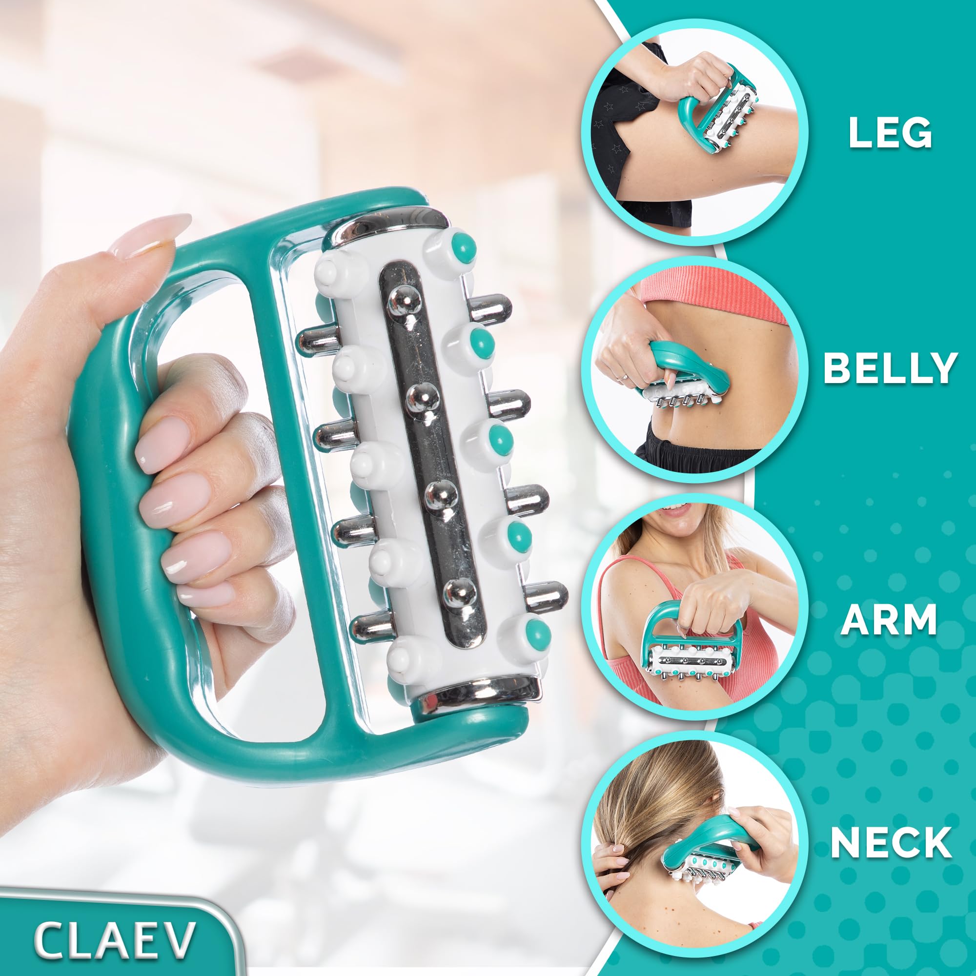 Claev Lymphatic Drainage Massager - Premium Deep Tissue Muscle Massage Roller for Detox, Circulation + Relaxation - Handheld Body Tool - Green