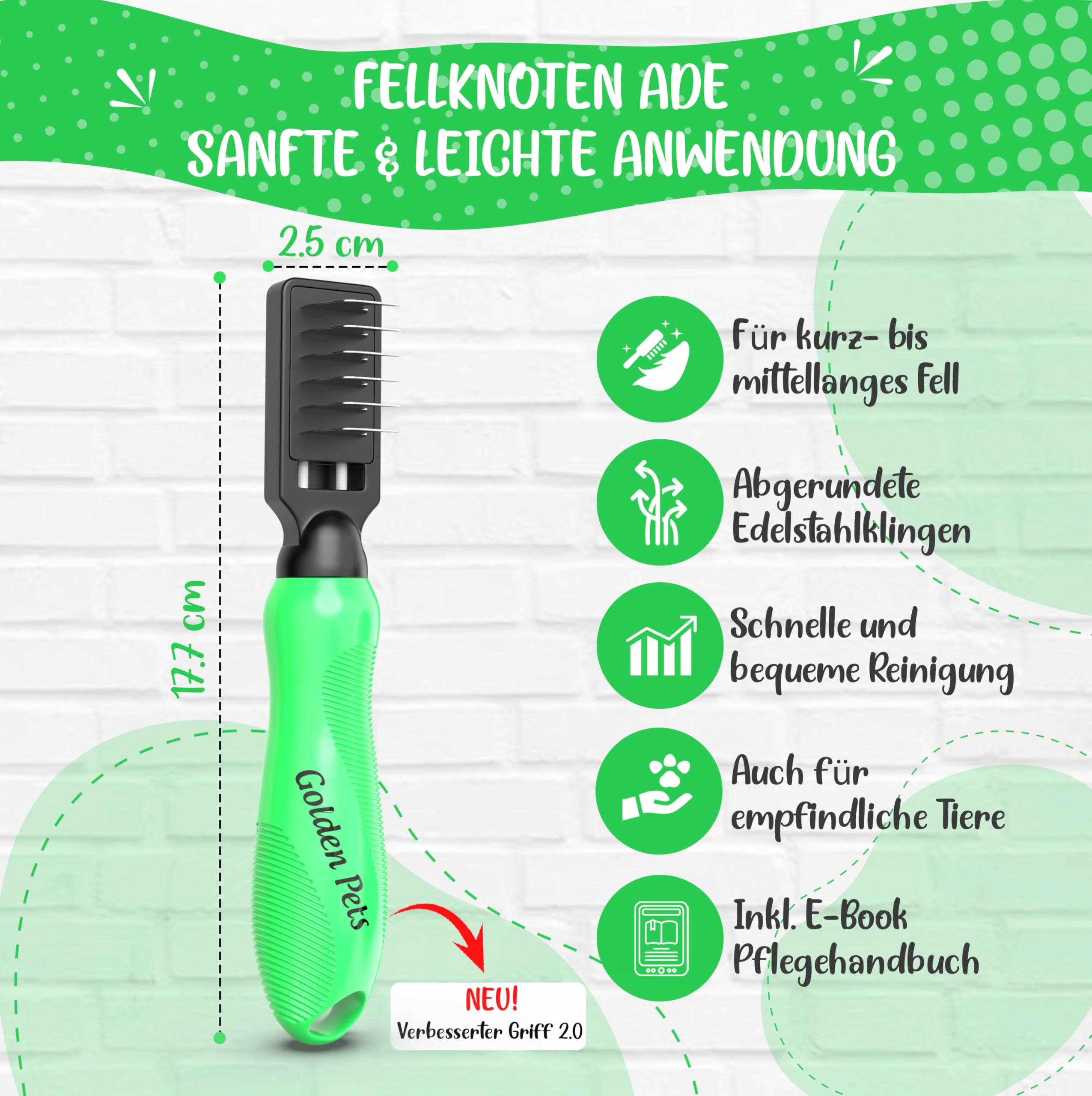Profi Entfilzungsmesser für Hunde und Katzen - Entfernt Knoten und Verfilzungen, kurz bis langhaar Fell geeignet Kleine - große Tiere Abgerundete Klinge + E-Book Pflegehandbuch