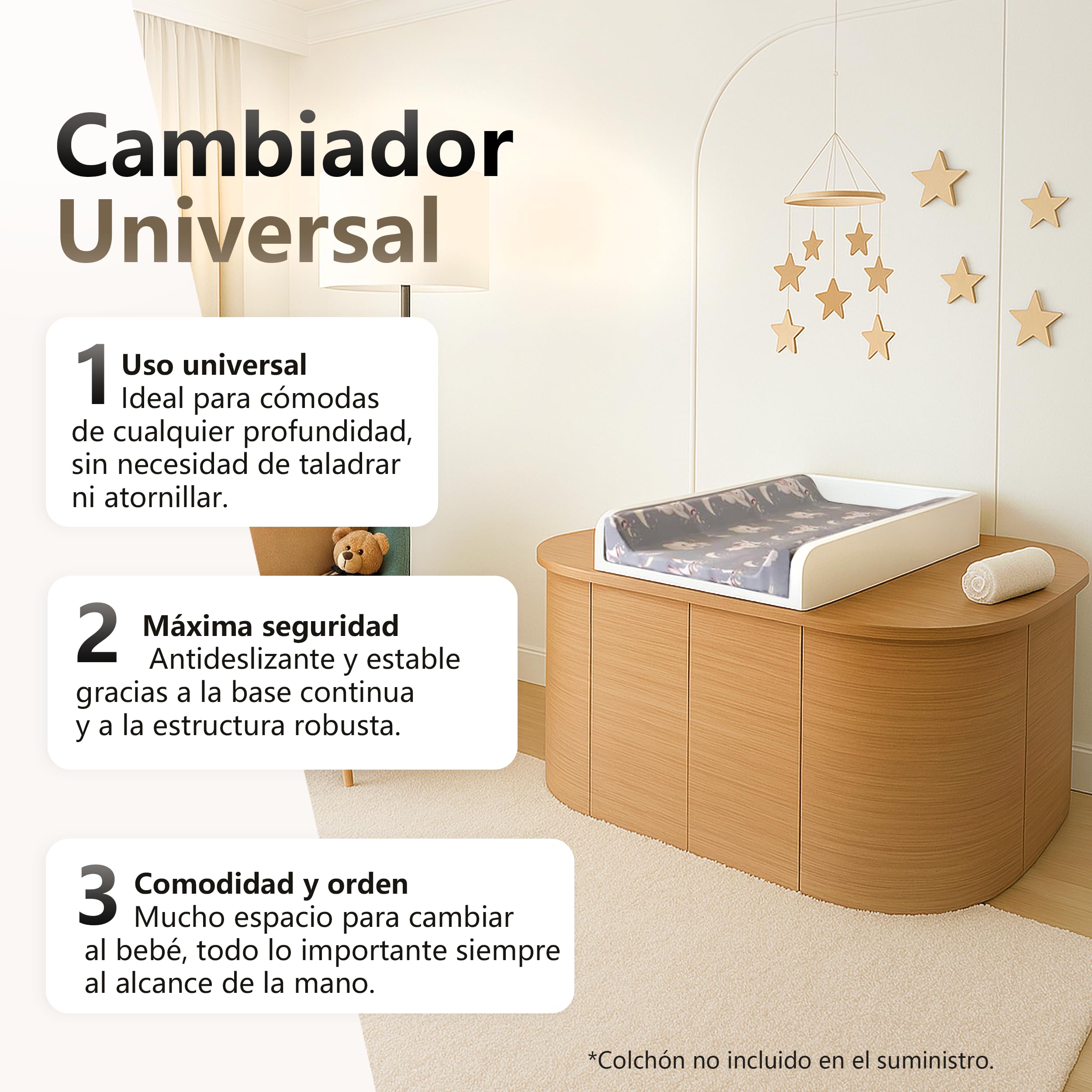 Cambiador Universal, Accesorio para Cambiador para Cómodas de Cualquier Ancho, Accesorio Desmontable para Cambiador, Paneles Frontales Redondeados, Blanco, 72 cm x 54 cm