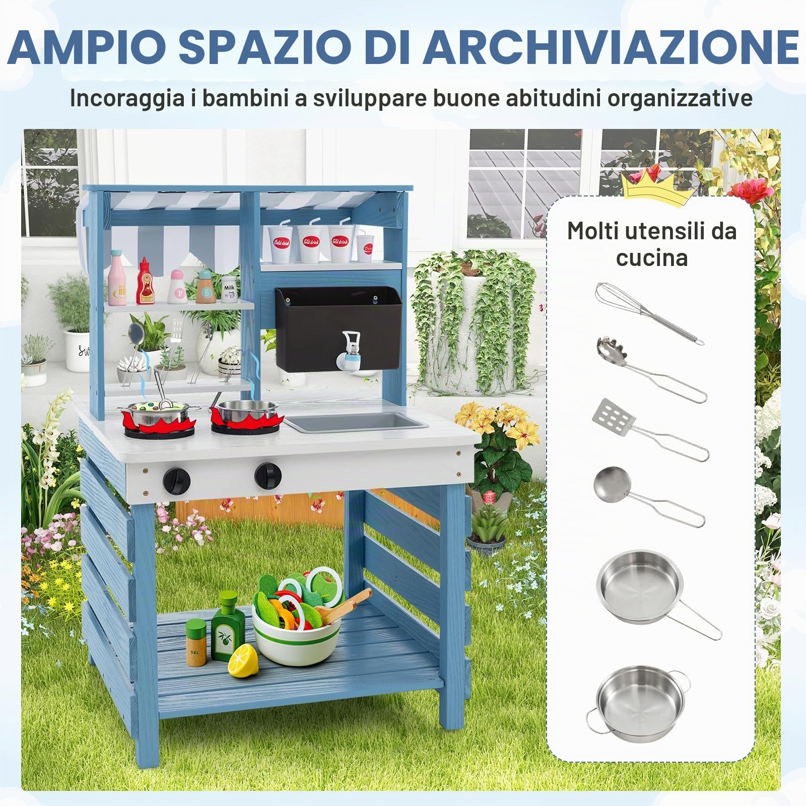 HOMASIS 2 in 1 Cucina per Bambini in Legno a Doppia Faccia, Giocattolo di Imitazione con Tettoia, Lavello Removibile, Rubinetto, Set da Cucinetta per Bambini di 3 Anni in su (Blu)