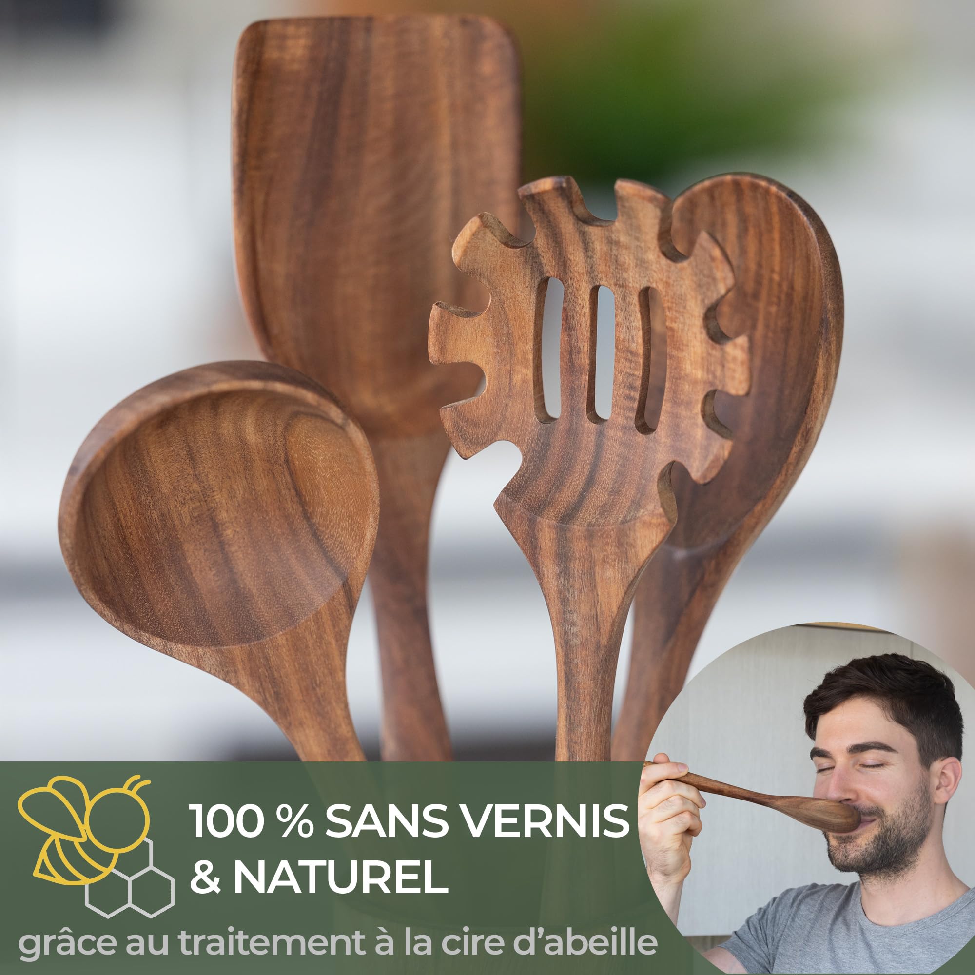 WALDWERK Ustensiles de cuisine bois – 9 pièces avec pince à grill, fouet, spatule, cuillère et louche à pâtes – Couteaux et ustensiles de cuisine