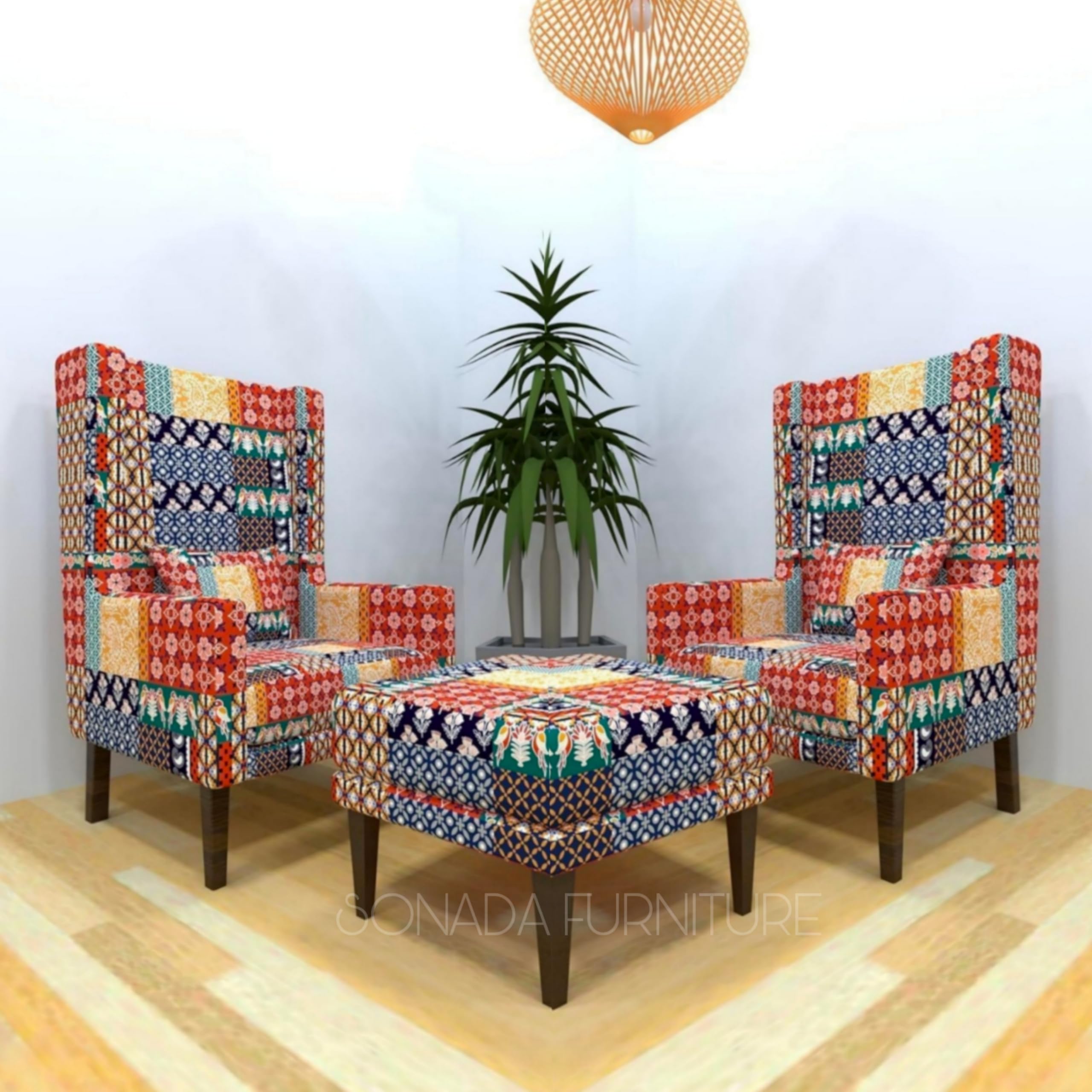 Wing Accent Set Of 2 Chair for Living Room, Bedroom,Hotel,Office| Single Seater Sofa Chair with Upholstery Cushion & Ottoman| Velvet Fabric & Cushion Seat with Metal Legs| Multi-Color-image-8