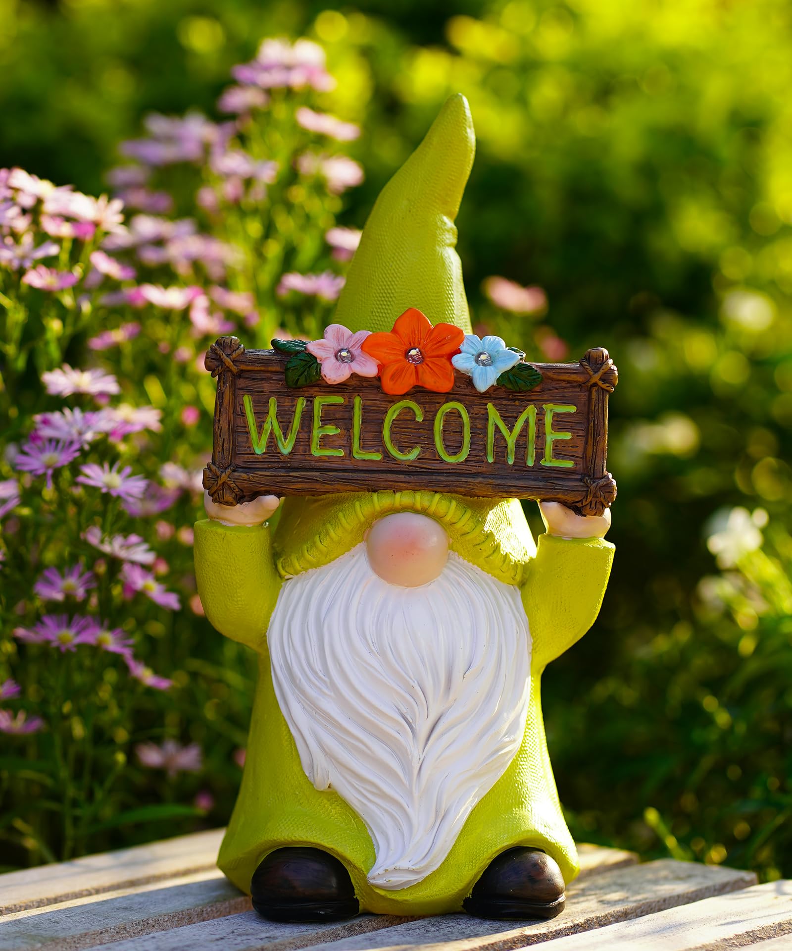 Yeomoo Nano da giardino a energia solare con cartello di benvenuto e fiori per esterni, decorazione da giardino, divertente gnomo, decorazione solare, regalo per donne, uomini, mamme, compleanno