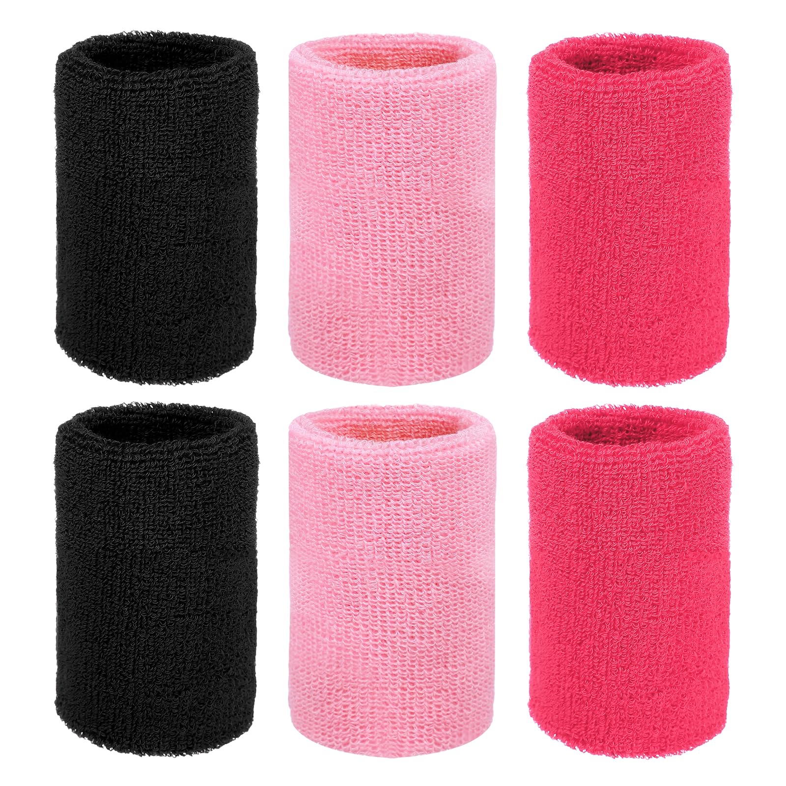 YELARXI Wristbands Sweatbands, Sports Wrist Bands Moisture Wicking Absorbent 3 x 4'' & 6 Pack & Black, Pink, Rose Red - Fit For(Tennis/Basketball/Running/Workout/Youth/Men/Women)