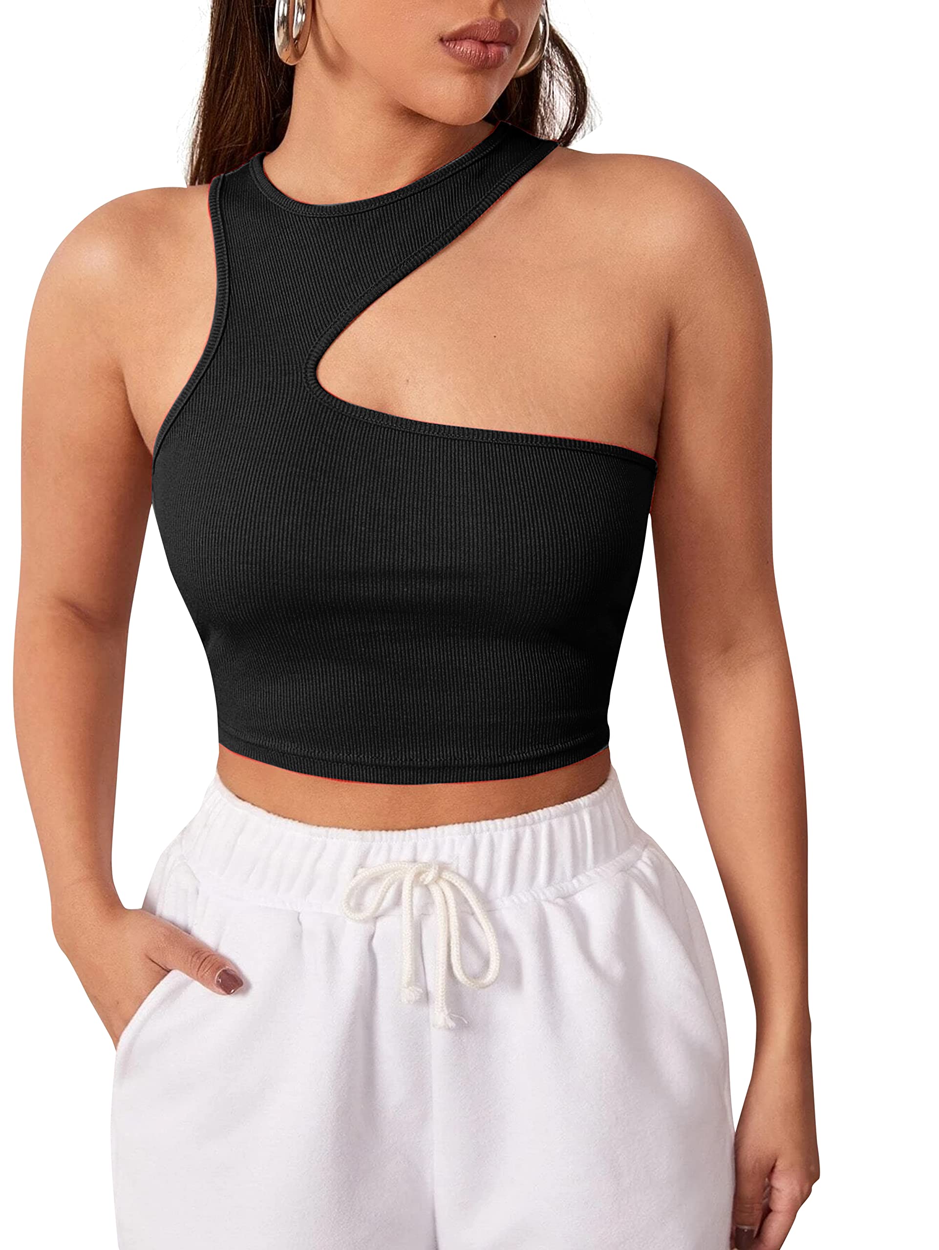 Women's Solid Ribbed Cotton Round Neck Crop Top | Stretchy, Soft & Breathable Cut Out Tank Top for Girls-image-41