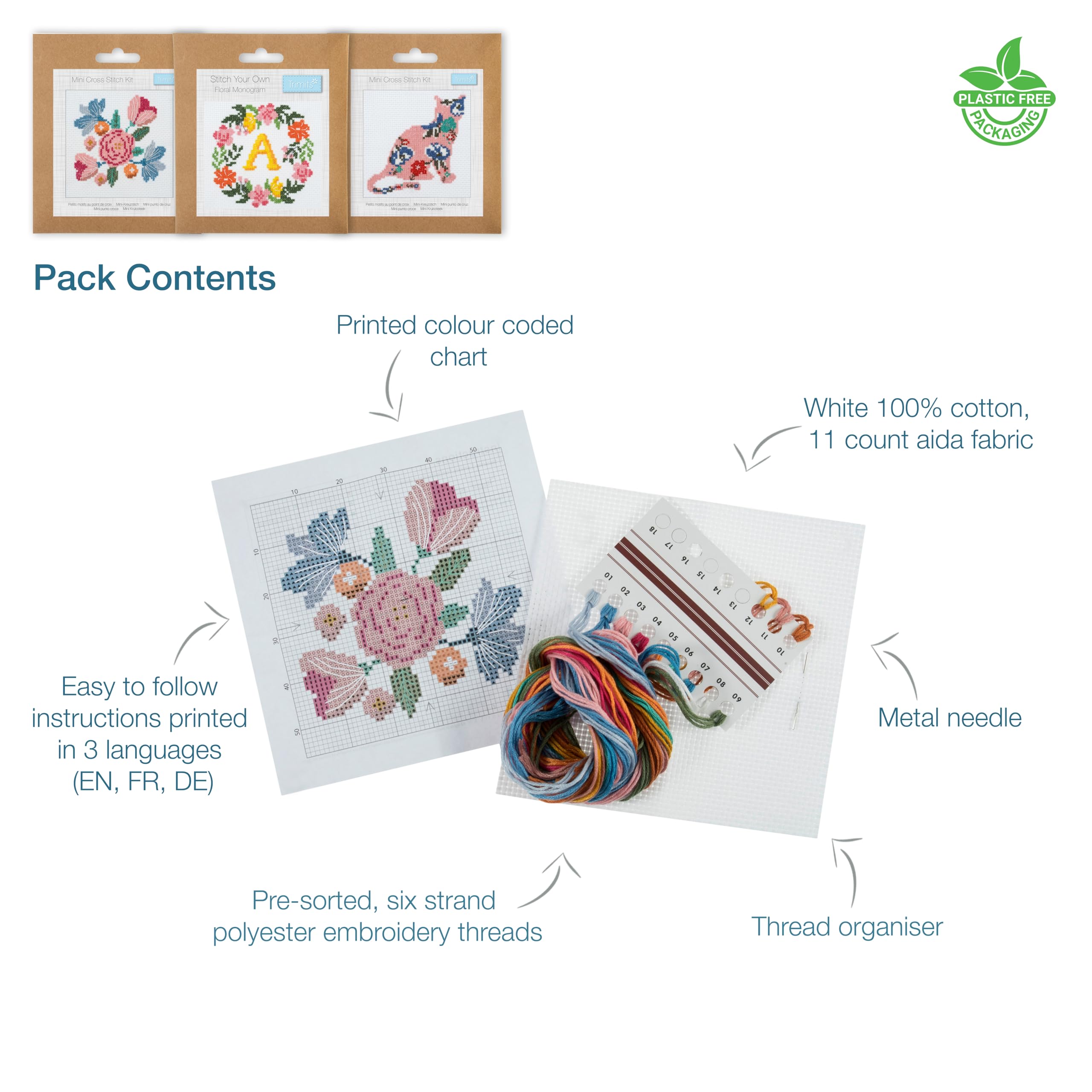 Trimits 3PK Cross Stitch Kits for Adults Beginners, Pre Printed Cross Stitch Kit, Beginners Embroidery Kit for Adults & Kids - Image 3