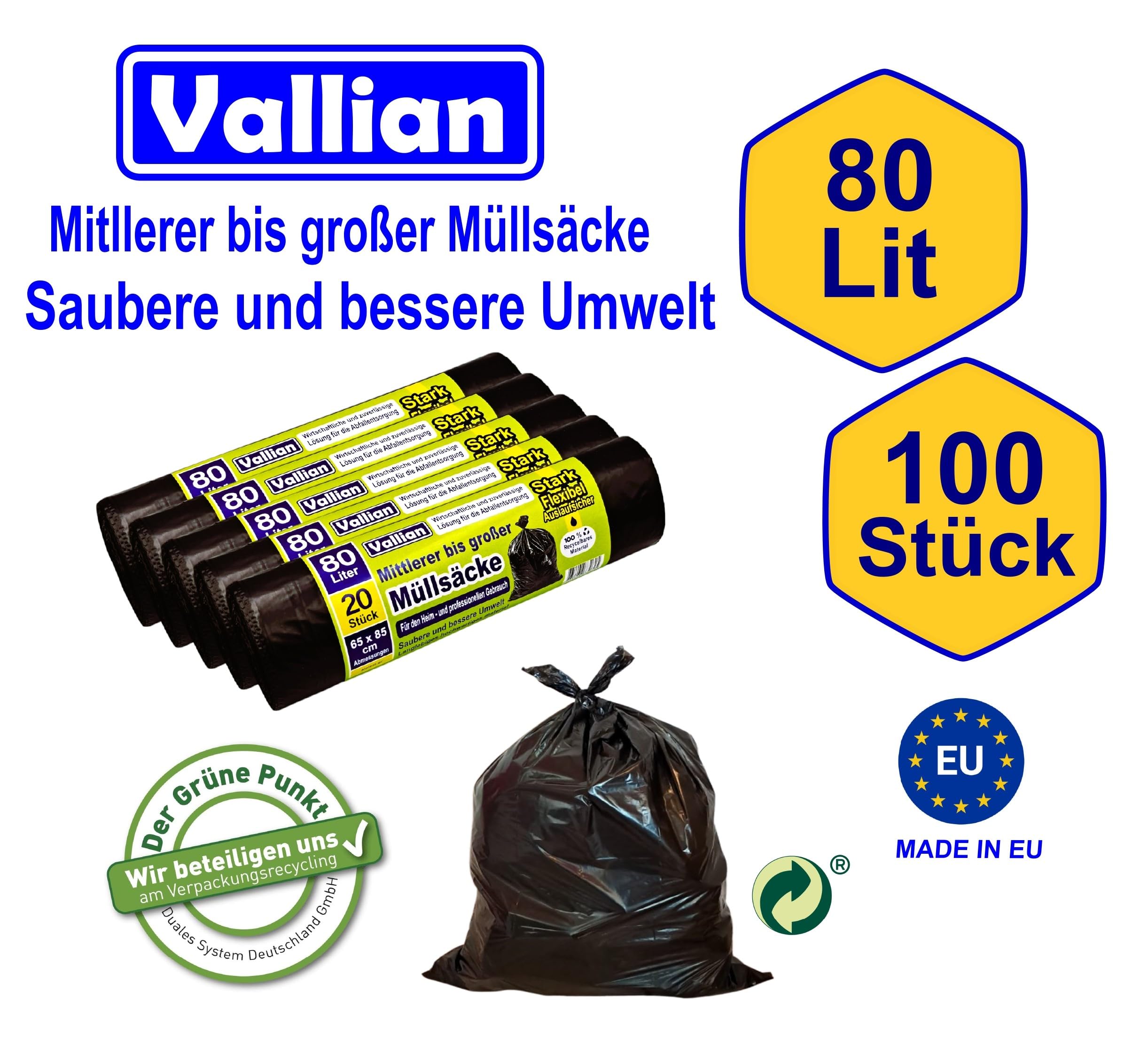Bolsas de basura de 80 litros - Tamaño 65 x 80 cm - 20 bolsas por rollo - Resistentes, fuertes y flexibles - Paquete de 5 rollos (100 bolsas)