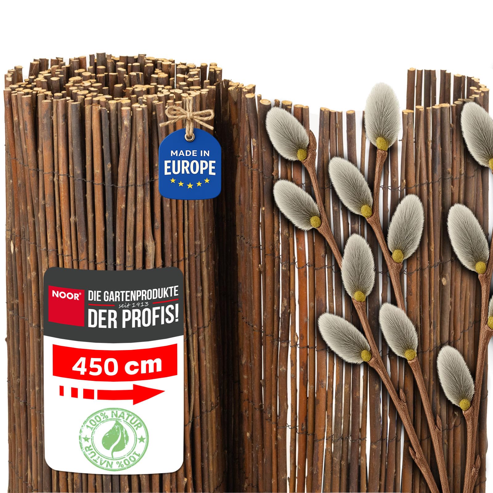 NOOR Weidenmatte DELUXE - Sichtschutzmatte Weidenzaun - Natur 0,9 x 4,5 m | Hochwertiger Sicht- & Windschutz aus Weidenzweigen für Garten, Terrasse & Balkon - robuste Zaunblende mit verzinktem Draht