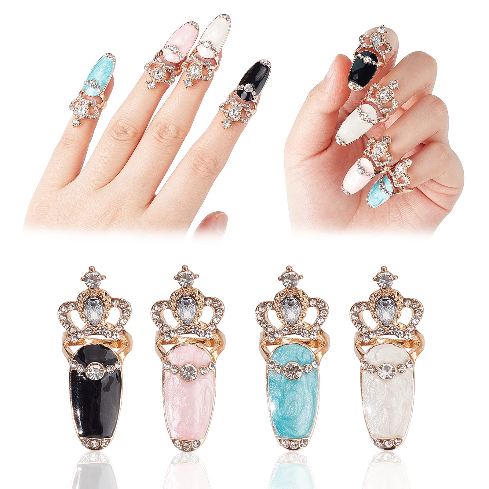 NICENEEDED 4 PZ Anelli per Unghie A Corona, Set di Anelli A Punta di Dito In Lega Punk, Anelli per Unghie con Strass di Cristallo Regolabili Anello per Unghie con Punta di Decorazione per Donne e Raga