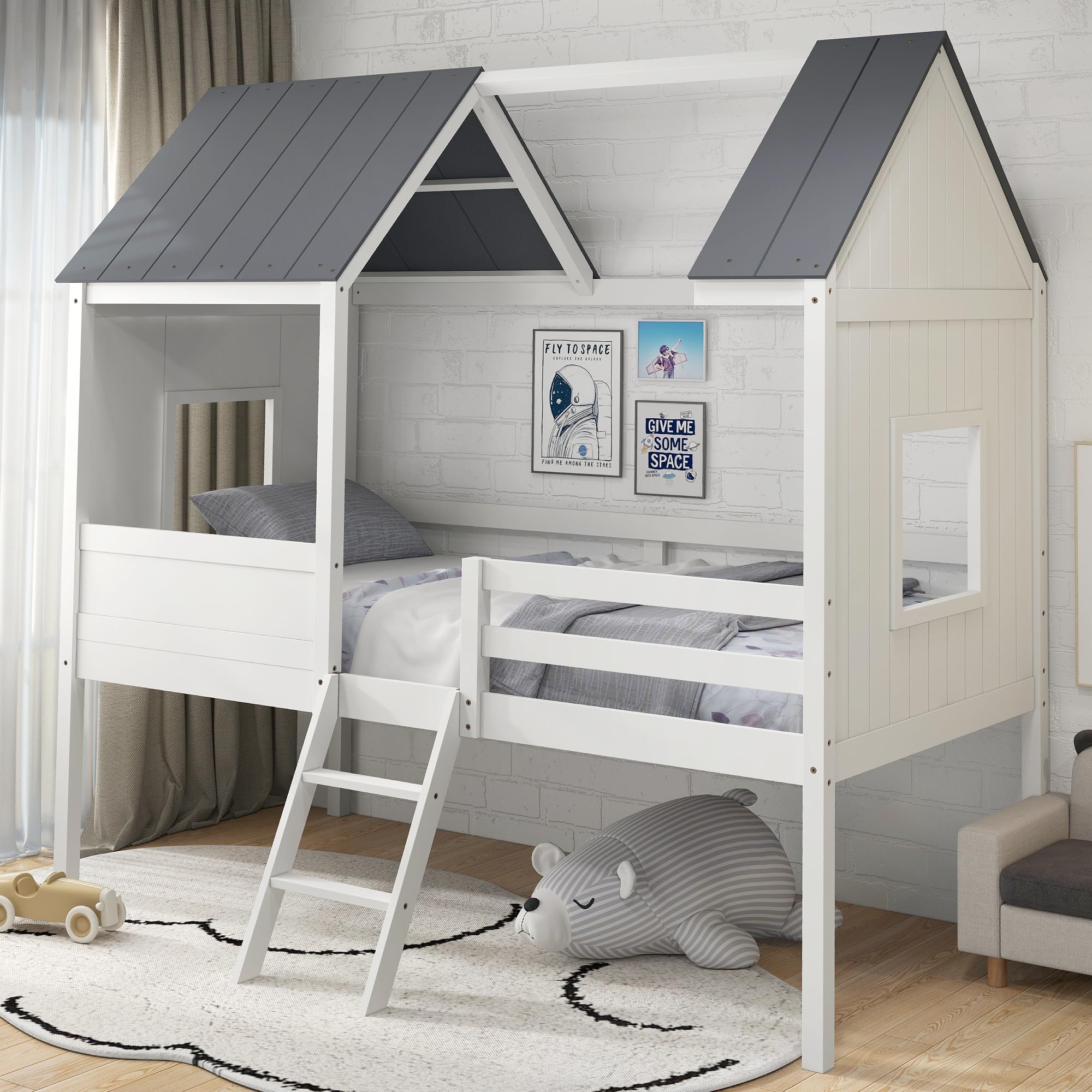 KOMFOTT Twin Low Loft Bed With Chalkboard & Shelves – Kids Wooden Loft Bed Frame, Under-Bed Play Area - View #4