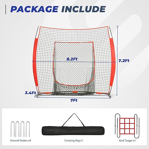 Miniatura 7 de Red de béisbol, 7x7 pies de béisbol y sóftbol con zona de golpeo para práctica de bateo, lanzamiento y fildeo, montaje rápido, portátil, con bate de
