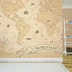 Papel de Parede Mapa Mundi Vintage Painel Vinil 4 rolos 6m²