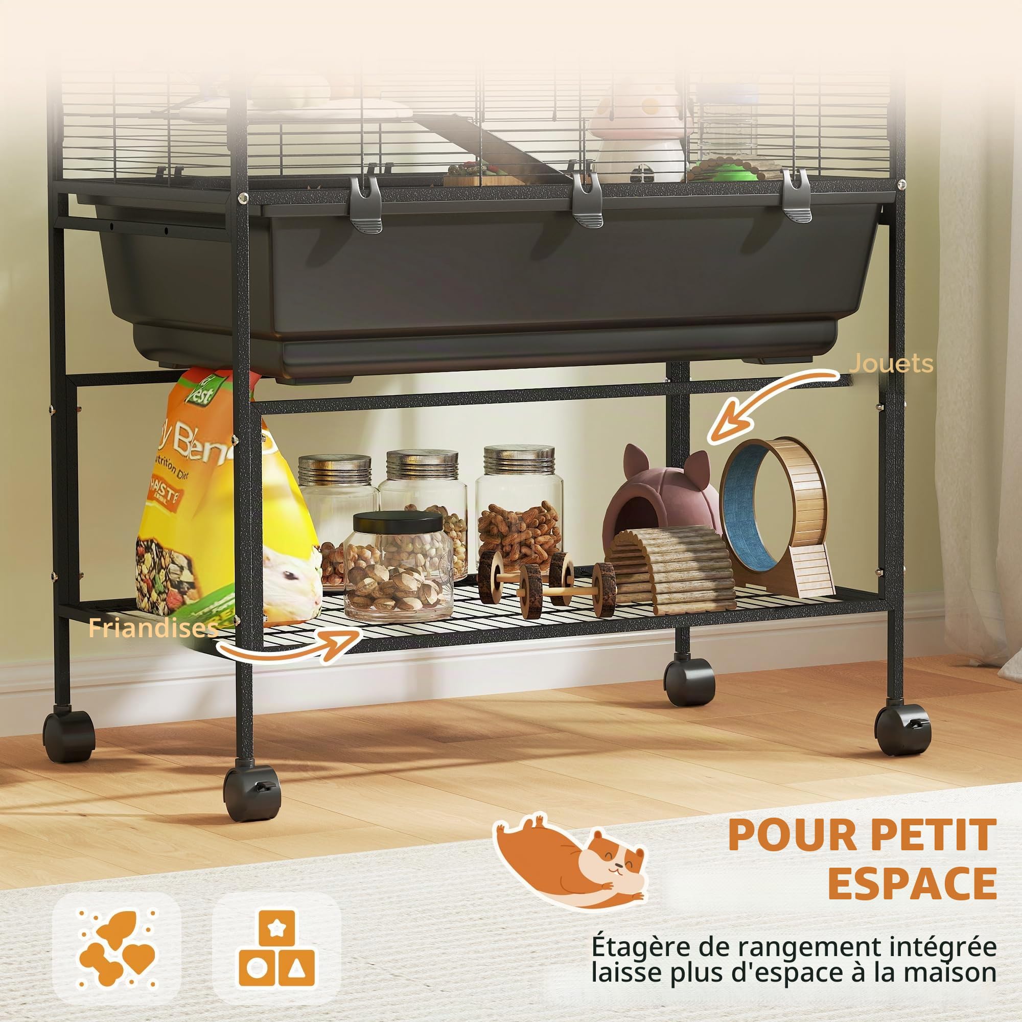 PawHut Hamster Cage, 3 Tier Large Gerbil Cage on Wheels with 17 cm Deep Tray, Storage Shelf, Big Exercise Wheel, Tube System, Hut, Platforms, Ramps, Food Dish, Water Bottle, for Syrian Hamsters, Rats