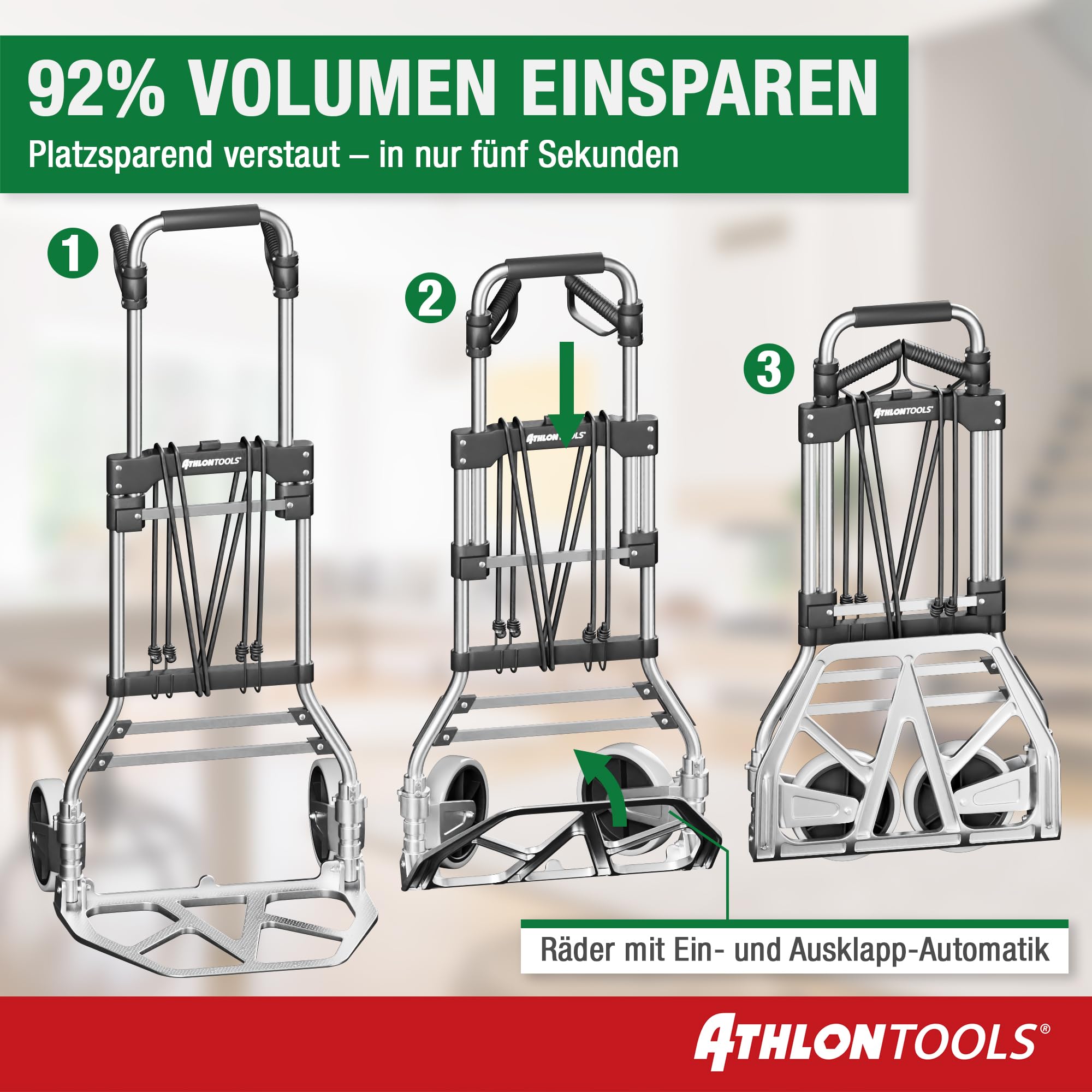 ATHLON TOOLS Schwerlast Sackkarre klappbar 150 kg TÜV GS-geprüft – Langer Teleskopgriff 115 cm, Soft-Laufräder, inkl. 2 Expanderseile - Sackkarre klappbar Alu kompakt & leicht