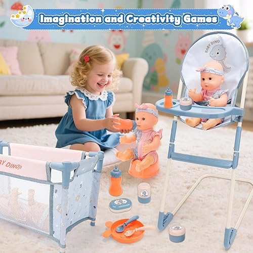 Miniatura 5 de deAO Juego de cochecito de muñeca de bebé de 12 pulgadas con accesorios, cama de cuna, silla alta, juego de rol de guardería, bolsa de