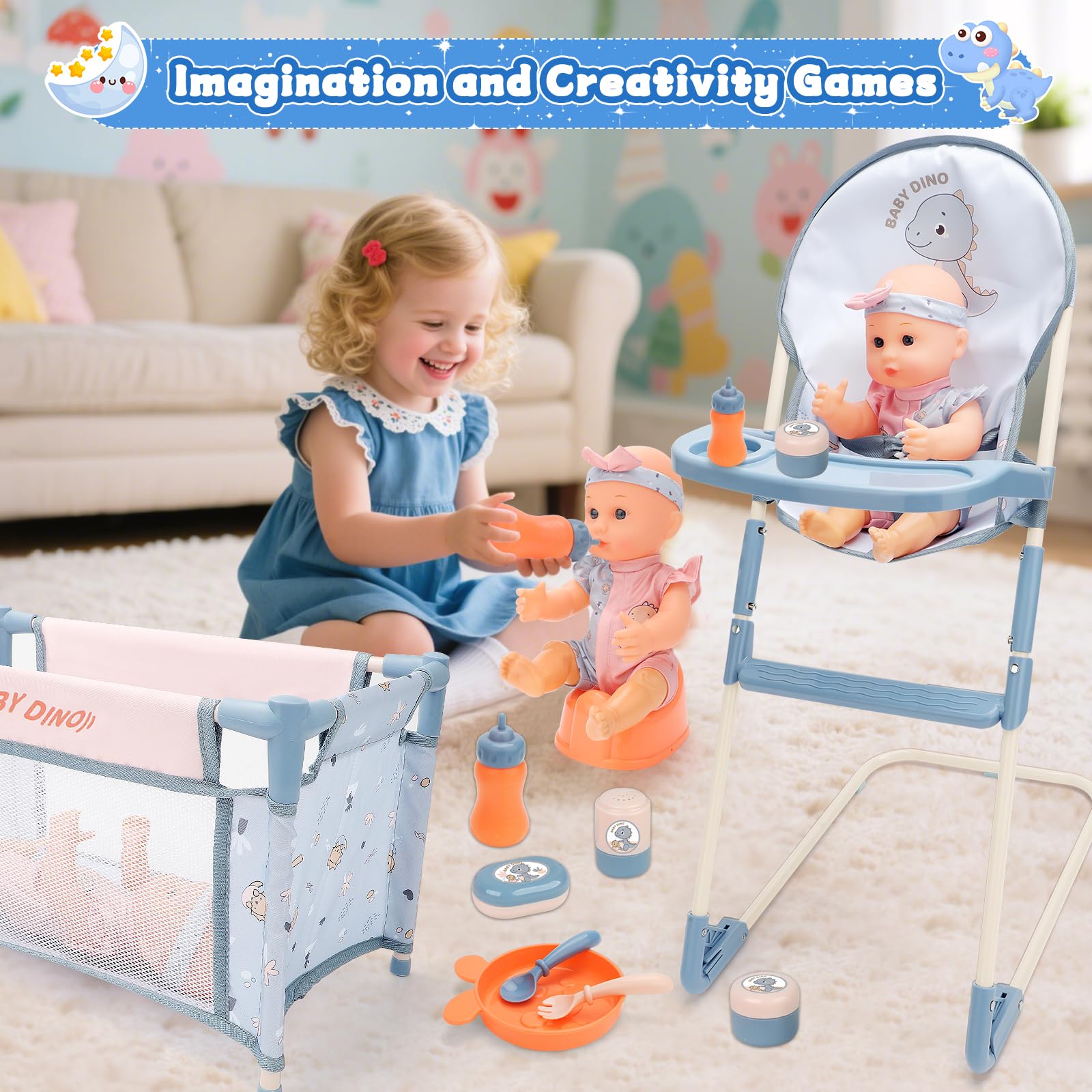 deAO Set de Accesorios para Muñecas - con 30CM Muñeca, Cochecitos Plegable, Tronas, Cunas, Bolsa para Guardar, Vajilla - Juguetes para Juegos de rol, Regalo Ideal para Niñas a Partir de 3 Años