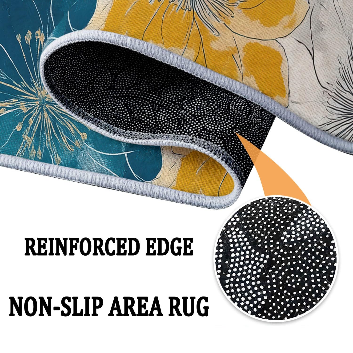 Teppich Rund 150 cm Elegant Retro Blumen, rutschfest Teppiche Wohnzimmer Runder - Waschbar Rund Teppiche Kurzflor Weich Runder Teppich Senfgelb Blau for Schlafzimmer Studie